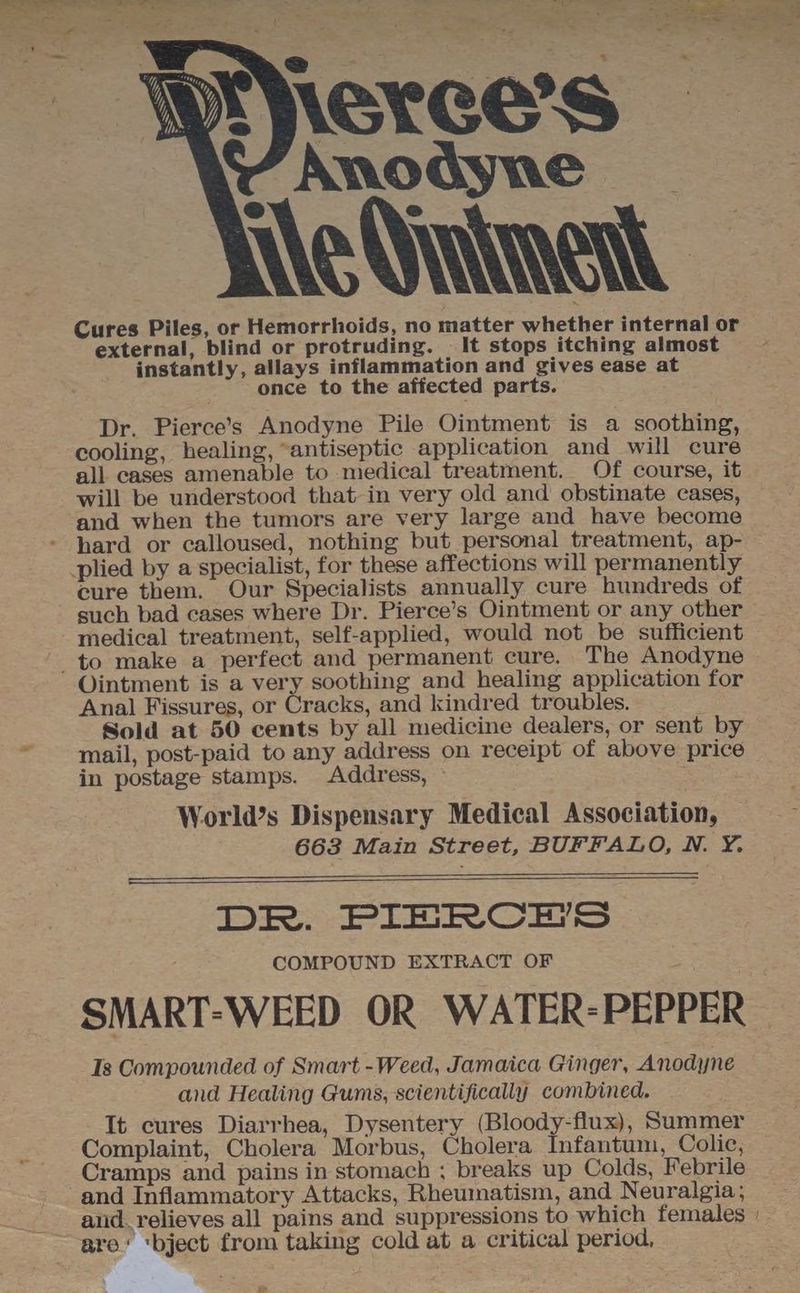 Anodyne Ae Quiet Cures Piles, or Hemorrhoids, no matter whether internal or external, blind or protruding. | It stops itching almost instantly, allays inflammation and gives ease at once to the affected parts. Dr. Pierce’s Anodyne Pile Ointment is a soothing, cooling, healing, “antiseptic application and will cure all cases amenable to medical treatment. Of course, it will be understood that in very old and obstinate cases, and when the tumors are very large and have become hard or calloused, nothing but personal treatment, ap- plied by a specialist, for these affections will permanently cure them. Our Specialists annually cure hundreds of medical treatment, self-applied, would not be sufficient to make a perfect and permanent cure. The Anodyne Ointment is a very soothing and healing application for Anal Fissures, or Cracks, and kindred troubles. Sold at 50 cents by all medicine dealers, or sent by mail, post-paid to any address on receipt of above price in postage stamps. Address, » World’s Dispensary Medical Association, 663 Main Street, BUFFALO, N. Y. DR. PIBRRCE'S COMPOUND EXTRACT OF SMART-WEED OR WATER-PEPPER Is Compounded of Smart -Weed, Jamaica Ginger, Anodyne and Healing Gums, scientifically combined. It cures Diarrhea, Dysentery (Bloody-flux), Summer Complaint, Cholera Morbus, Cholera Infantum, Colic, Cramps and pains in stomach ; breaks up Colds, Febrile and Inflammatory Attacks, Rheumatism, and Neuralgia; are‘ ‘bject from taking cold at a critical period, »