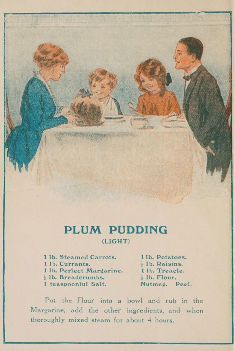 ig — OVE y ontapecas oar iy PLUM PUDDING (LIGHT) 1 Ib. Steamed Carrots. 11lb. Potatoes. 1 1b, Currants. 4 1b. Raisins. 1 lb. Perfect Margarine. 1 lb. Treacle. 4 lb. Breadcrumbs. - Ib. Flour, 1 teaspoonful Salt. Nutmeg. Peel. Put the Flour into a bowl and rub in the Margarine, add the other ingredients, and when thoroughly mixed steam for about 4 hours.