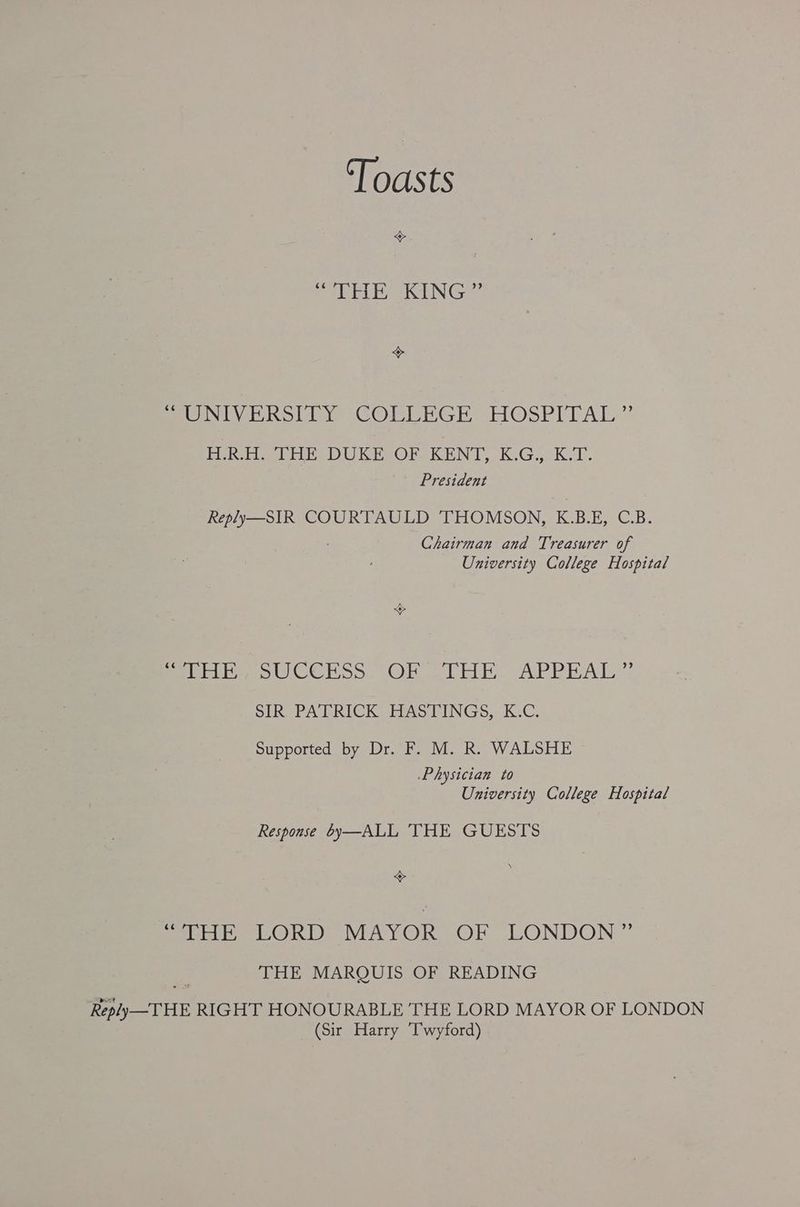 Toasts aor eee ielNG Pee NIVERKSLUY COLLEGE: HOSPITAL’ Peni Che DUK Ee ORACEN [0 K.GarKel. President Reply—SIR COURTAULD THOMSON, K.B.E, C.B. Chairman and Treasurer of University College Hospital Mplibeyow COES> (Oho EE. APRA SIR PATRICK HASTINGS, K.C. Supported by Dr. F. M. R. WALSHE Physician to University College Hospital Response by—ALL 'THE GUESTS \ + fede tons MAYOR OF LONDON.” THE MARQUIS OF READING Reply —THE RIGHT HONOURABLE THE LORD MAYOR OF LONDON (Sir Harry Twyford)