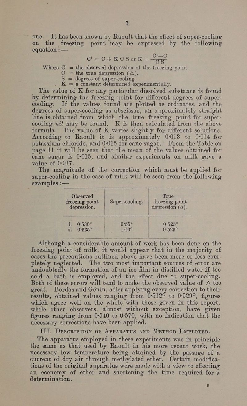 one. It has been shown by Raoult that the effect of super-cooling on the freezing point may be expressed by the following equation : — CCP RUSK = Where C* = the observed depression of the freezing point. C = the true depression (A). S = degrees of super-cooling. . K =a constant determined experimentally, The value of K for any particular dissolved substance is found by determining the freezing point for different degrees of super- cooling. If the values found are plotted as ordinates, and the degrees of super-cooling as abscissae, an approximately straight line is obtained from which the true freezing point for super- cooling nl may be found. K is then calculated from the above formula. ‘The value of K varies slightly for different solutions. According to Raoult it is approximately 0-018 to 0-014 for potassium chloride, and 0-015 for cane sugar. From the Table on page 11 it will be seen that the mean of the values obtained for cane sugar is 0-015, and similar experiments on milk gave a value of 0-017. The magnitude of the correction which must be appled for super-cooling in the case of milk will be seen from the following examples : — | Observed | True freezing point |, Super-cooling. freezing point depression. | depression (A). i 0830 | 0B |S 0828 ii, 0°535° chan GAR: | 0°525° Although a considerable amount of work has been done on the freezing point of milk, it would appear that in the majority of cases the precautions outlined above have been more or less com- pletely neglected. The two most important sources of error are undoubtedly the formation of an ice film in distilled water if too cold a bath is employed, and the eltect due to super-cooling. Both of these errors will tend to make the observed value of A too great. Bordas and Génin, after applying every correction to their results, obtained values ranging from 0-512° to 0:029°, figures which agree well on the whole with those given in this report, while other observers, almost without exception, have given figures ranging from 0-540 to 0-570, with no indication that the necessary corrections have been applied. III. Description oF APPARATUS AND Mpruop EMPLOYED. The apparatus employed in these experiments was in principle the same as that used by Raoult in his more recent work, the necessary low temperature being attained by the passage of a current of dry air through methylated ether. Certain modifica- tions of the original apparatus were made with a view to effecting an economy of ether and shortening the time required for a determination. B