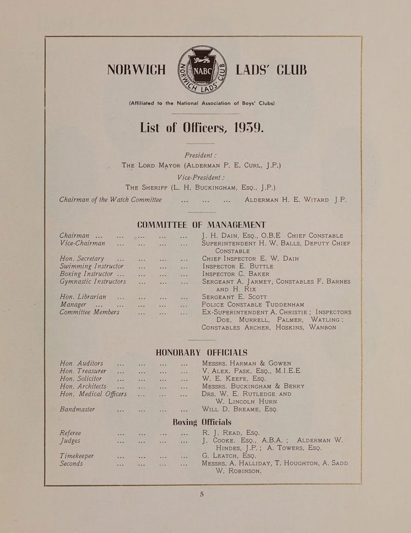 NORWICH LADS’ GLUB (Affiliated to the National Association of Boys’ Clubs) List of Officers, 1959. President : THE Lorp Mayor (ALDERMAN P. E. Curt, J.P.) Vice-President : THE SHERIFF (L. H. BuckiNncHam, Esq., J.P.) Chairman of the Watch Committee ALDERMAN H. E. Witarp J.-P. COMMITTEE OF MANAGEMENT Chairman Vice-Chairman Hon. Secretary Swimming Instructor Boxing Instructor ... Gymnastic Instructors Hon. Librarian Manager Committee Wie Hon. Auditors Hon. Treasurer Hon. Solicitor Hon. Architects Hon. Medical Officers Bandmaster Referee Judges Timekeeper Seconds J. H. Darn, Esg., O.B.E CHIEF CONSTABLE SUPERINTENDENT H. W. BALLs, DEPUTY CHIEF CONSTABLE CHIEF INSPECTOR E. W. DaIN INSPECTOR E. BUTTLE INSPECTOR C. BAKER SERGEANT A. JARMEY, CONSTABLES F. BARNES AND H. RIx SERGEANT E. Scott PoLIcE CONSTABLE TUDDENHAM EX-SUPERINTENDENT A. CHRISTIE ; INSPECTORS DoE, MURRELL, PALMER, WATLING: CONSTABLES ARCHER, HOSKINS, WANBON Messrs. HARMAN & GOWEN VeALEXO ASK. so. Mol.E.E. W. E. KEEFE, Eso. Messrs. BUCKINGHAM & BERRY Drs. W. E. RUTLEDGE AND W. LINCOLN HURN WiLL D. BREAME, ESO. POP DET ONET Fs OSLER RE TBE. II | ieee 1 ER ASSAILED SE HARM AW ALERTS EAI EAT MY FELON RTT PSST ITN SLATE EET SSE SLES WI RERLY BELATED EET PET ROTEL SOT HES PT ASAE ORISSA SST NB