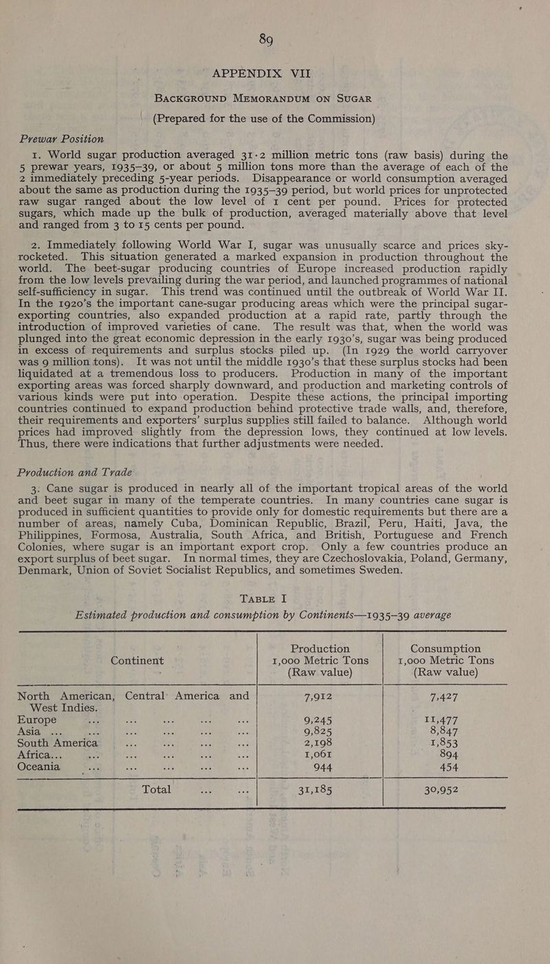 APPENDIX VII BACKGROUND MEMORANDUM ON SUGAR . (Prepared for the use of the Commission) Prewar Position 1. World sugar production averaged 31-2 million metric tons (raw basis) during the 5 prewar years, 1935-39, or about 5 million tons more than the average of each of the 2 immediately preceding 5-year periods. Disappearance or world consumption averaged about the same as production during the 1935-39 period, but world prices for unprotected raw sugar ranged about the low level of 1 cent per pound. Prices for protected sugars, which made up the bulk of production, averaged materially above that level and ranged from 3 to 15 cents per pound. 2. Immediately following World War I, sugar was unusually scarce and prices sky- rocketed. This situation generated a marked expansion in production throughout the world. The beet-sugar producing countries of Europe increased production rapidly from the low levels prevailing during the war period, and launched programmes of national self-sufficiency in sugar. This trend was continued until the outbreak of World War II. In the 1920’s the important cane-sugar producing areas which were the principal sugar- exporting countries, also expanded production at a rapid rate, partly through the introduction of improved varieties of cane. The result was that, when the world was plunged into the great economic depression in the early 1930’s, sugar was being produced in excess of requirements and surplus stocks piled up. (In 1929 the world carryover was 9 million tons). It was not until the middle 1930’s that these surplus stocks had been liquidated at a tremendous loss to producers. Production in many of the important exporting areas was forced sharply downward, and production and marketing controls of various kinds were put into operation. Despite these actions, the principal importing countries continued to expand production behind protective trade walls, and, therefore, their requirements and exporters’ surplus supplies still failed to balance. Although world prices had improved slightly from the depression lows, they continued at low levels. Thus, there were indications that further adjustments were needed. Production and Trade 3. Cane sugar is produced in nearly all of the important tropical areas of the world and beet sugar in many of the temperate countries. In many countries cane sugar is produced in sufficient quantities to provide only for domestic requirements but there are a number of areas, namely Cuba, Dominican Republic, Brazil, Peru, Haiti, Java, the Philippines, Formosa, Australia, South Africa, and British, Portuguese and French Colonies, where sugar is an important export crop. Only a few countries produce an export surplus of beet sugar. In normal times, they are Czechoslovakia, Poland, Germany, Denmark, Union of Soviet Socialist Republics, and sometimes Sweden. TABLE I Estimated production and consumption by Continents—1935-39 average ; Production Consumption Continent 1,000 Metric Tons 1,000 Metric Tons (Raw value) (Raw value) North American, Central’ America and 7,912 7,427 West Indies. Europe yaa ay ae: ou ae 9,245 11,477 Asia ... a8 ete pi aah = 9,825 8,847 South America eh is “ap ia 2,198 1,853 Africa... Sais ae ae os ee 1,061 894 Oceania er bis hy aid a 944 454 Total Ap oe 31,185 30,952