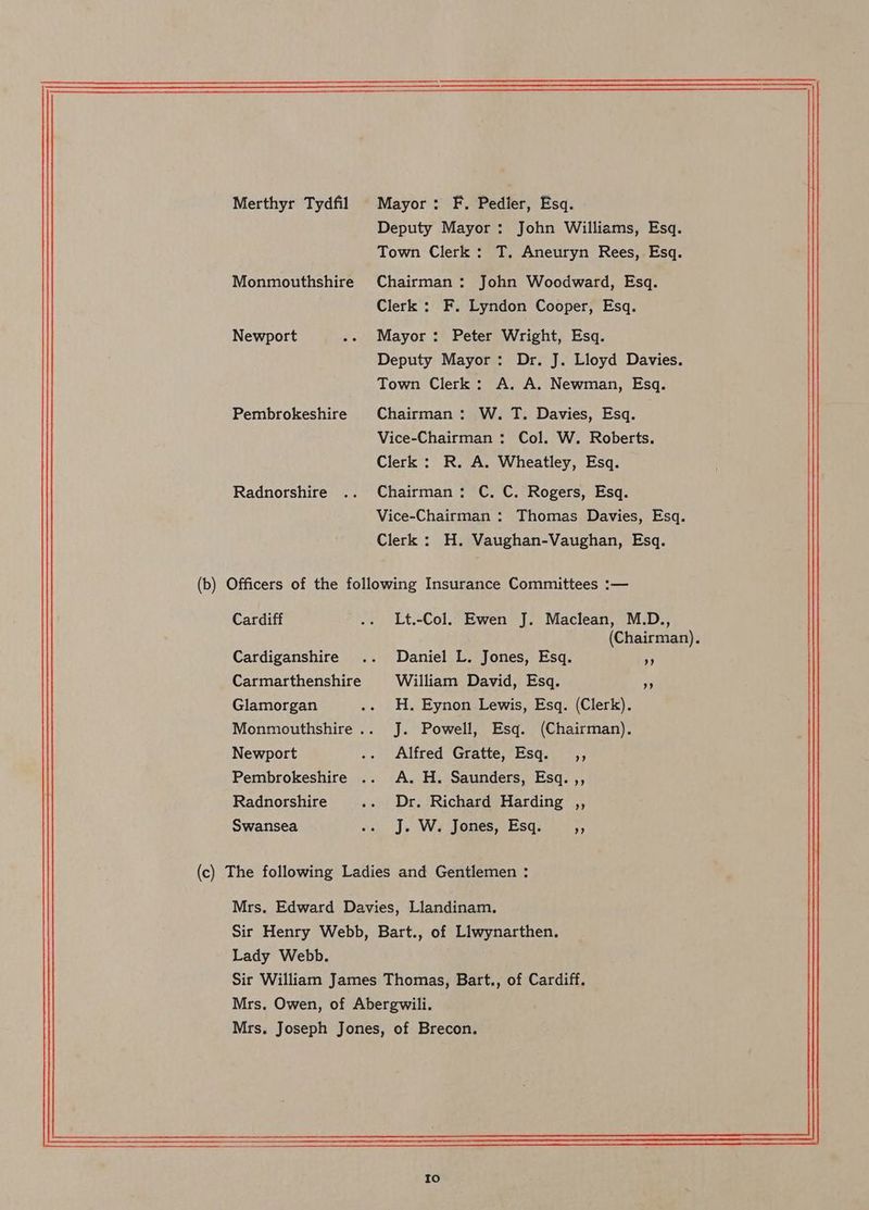 Merthyr Tydfil Mayor: F. Pedier, Esq. Deputy Mayor: John Williams, Esq. Town Clerk: T. Aneuryn Rees, Esq. Monmouthshire Chairman: John Woodward, Esq. Clerk : F. Lyndon Cooper, Esq. Newport -» Mayor: Peter Wright, Esq. Deputy Mayor: Dr. J. Lloyd Davies. Town Clerk: A. A. Newman, Esq. Pembrokeshire Chairman: W. T. Davies, Esq. Vice-Chairman : Col. W. Roberts. Clerk : R. A. Wheatley, Esq. Radnorshire .. Chairman: C. C. Rogers, Esq. Vice-Chairman : Thomas Davies, Esq. Clerk : H. Vaughan-Vaughan, Esq. (b) Officers of the following Insurance Committees :— Cardiff .. Lt.-Col. Ewen J. Maclean, M.D., (Chairman). Carmarthenshire William David, Esq. Sh Glamorgan .. H. Eynon Lewis, Esq. (Clerk). Monmouthshire .. J. Powell, Esq. (Chairman). Newport .. Alfred Gratte, Esq. ,, Pembrokeshire .. A. H. Saunders, Esq. ,, Radnorshire .. Dr. Richard Harding ,, Swansea -. J. W. Jones, Esq. HS (c) The following Ladies and Gentlemen : Mrs. Edward Davies, Llandinam. Sir Henry Webb, Bart., of Liwynarthen. Lady Webb. Sir William James Thomas, Bart., of Cardiff. Mrs. Owen, of Abergwili. Mrs. Joseph Jones, of Brecon. Cardiganshire .. Daniel L. Jones, Esq.