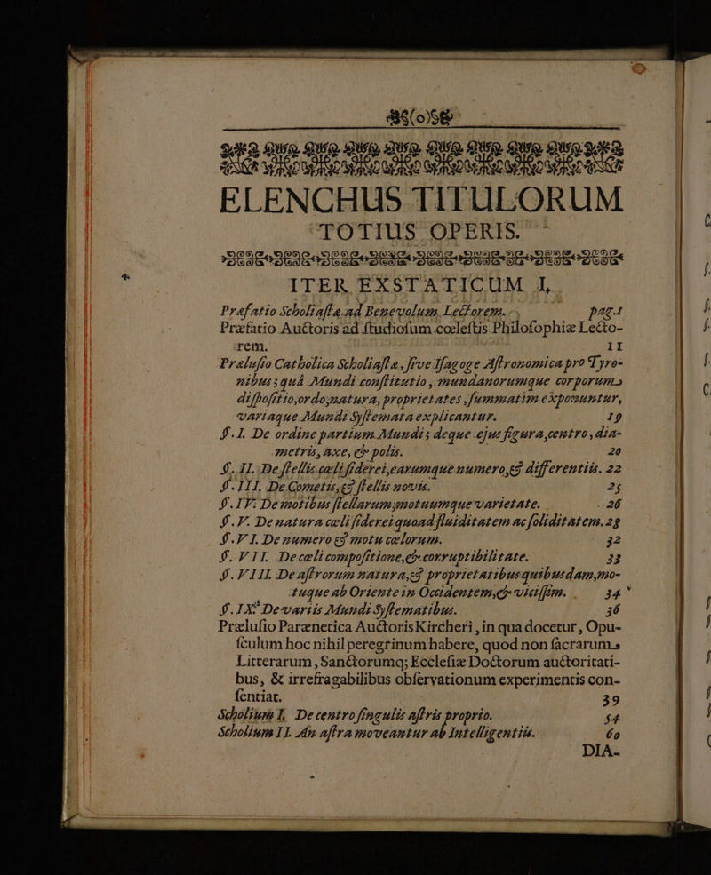 Sot o 4x. aU Q. SII, SIUE. IUS, Mo De sis Ed SOR GC MP aDRC PONE M RC RARO FOTIDS OPERIS ITER EXSTATICUM 41, Prafatio StboliafLa-nd Benevolum.Lecorem. pae. Prafatio Auctoris ad (tudiofum.coeleftis Philofophie Lecto- irem. II Pralufío Catholica Scbolia]la, ve Ifagoee Aflromomica pro Tyro- nmibussquá Mundi cou[litutio ,dmumdanorumque corporum» dfpofrtto,ordojsatur a, proprietates Jummatim expouumtur, VArIAQueE Mundi Syffemata explicantur. I9 JI. De ordine partium Mundis deque ejus figura,centro, dia- anetris, axe, et polis. 20 4$. 11. De flellis.ca li ffderei,eearumque numero, dtff erentia. 22 J . III De Gometisseg fPellis novis. 2$ J. IF. Demotibus flellarumynotuumque-varietate. ..26 $.F. Dezatura celifrderei quaad fluiditatem ac foliditatem. 28 $.7 I. Dezumero t9 motu celorum. $.F 1I Decelicompofttione, i corruptibilitate. J.FIIL2Deaflrorum natura,g proprietatibusquibusdam,mo- 4uque ab Oriente in Ocidentem,et viaffim. J.IX. Devariis Mutidi Syfematibus. Pralufio Parenetica AuctorisKircheri , in qua docetur , Opu- fculum hoc nihil peregrinum habere, quod non facrarum.s Litterarum , Sandorumq; Ecclefiz Doctorum au&amp;oritati- bus, &amp; irrefragabilibus obfervationum experimentis con- fentiat. debolium L, Decentro fingulis affris lees