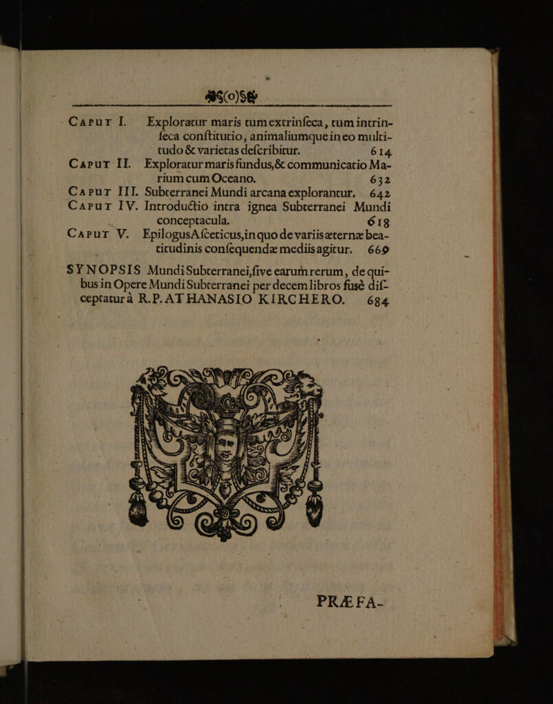 Carur lI. Exploratur maris tumextrinfeca, tum intrin- feca conftitutio, animaliumque in eo multi- cudo &amp; varietas deícribitur. 614 Caprur IL Fxploratur marisfundus,&amp; communicatio Ma- rium cum Oceano. 632 CaPrur III. Subterranei Mundi arcanaexplorantur, 642 CaPur IV. Introductio intra ignea Subterranei Mundi conceptacula. 618 Carur V. EpilogusA(ceticusjinquo de variiseternz bea- tcicudinis confequende mediisagitur. 669 SYNOPSIS MundiSubrterranei,five earum rerum, de qui- bus in Opere MundiSubterranei per decem libros füusé dif- ceptaturà R.P. ATHANASIO KIRCHERO. 684