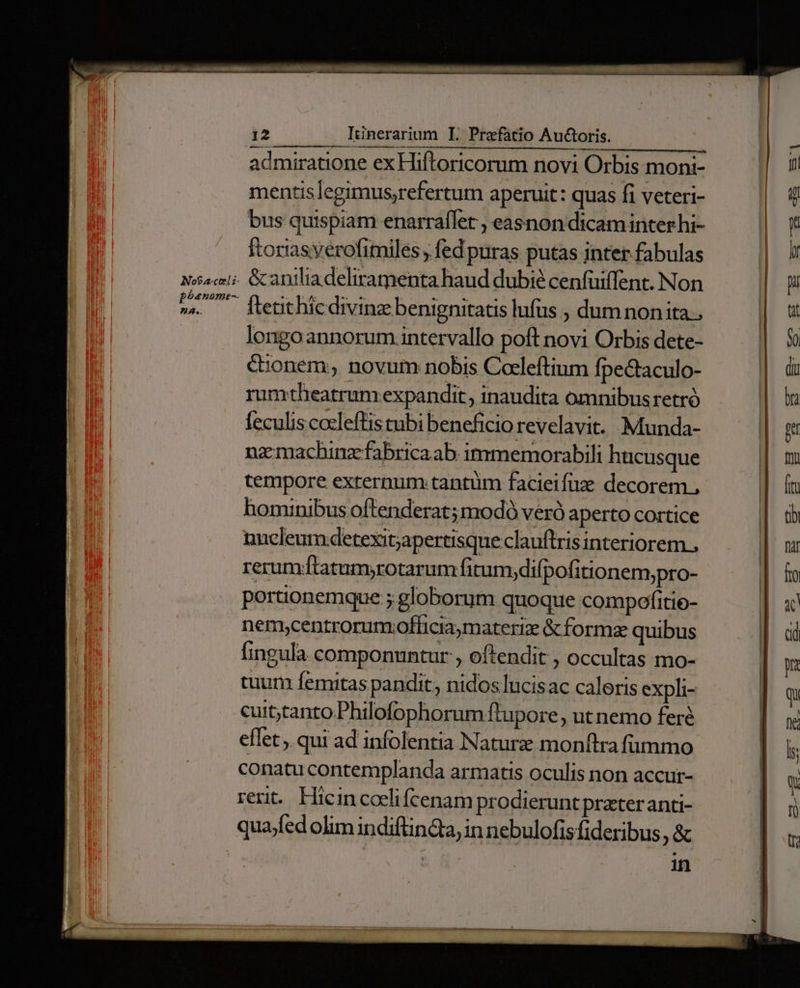 INof a:coel z- pbhenome-- 24.. Itinerarium IL. Praefatio Au&amp;oris. admiratione ex Hiftoricorum novi Orbis moni- mentislegimus;refertum aperuit: quas fi veteri- bus quispiam enarrallet , easnon dicam inter hi- ftoriasyerofimiles , fed puras putas inter fabulas &amp;aniliadeliramenta haud dubié cenfüiffent. Non ftetit hic divinz benignitatis lufus , dum nonita.. longo annorum intervallo poft novi Orbis dete- &amp;ionem; novum nobis Cocleftium fpectaculo- rumtheatrum expandit, inaudita omnibus retró feculis cocleftis tubi beneficio revelavit. Munda- nz: machinzfabricaab immemorabili hucusque tempore externum:tantüm facieifuze decorem , hominibus oftenderat; nodó veró aperto cortice nncleum:detexit;apertisque clauftris interiorem ; rerumfÍtatumyrotarum fitumydifpofitionem;pro- portionemque ; globorum quoque compofitie- nemycentrorumofliciamaterize &amp; formz quibus fingula componuntur , oftendit , occultas mo- tuum femitas pandit, nidos lucisac caleris expli- cuit;ytanto.Philofophorum ftupore, ut nemo feré effet,. qui ad infolentia Naturz monftra fümmo conatu contemplanda armatis oculis non accur- rerit... Hicin coeli fcenam prodierunt prateranti- quajfed olim indiflin&amp;ajin nebulofis fideribus,, &amp; | in