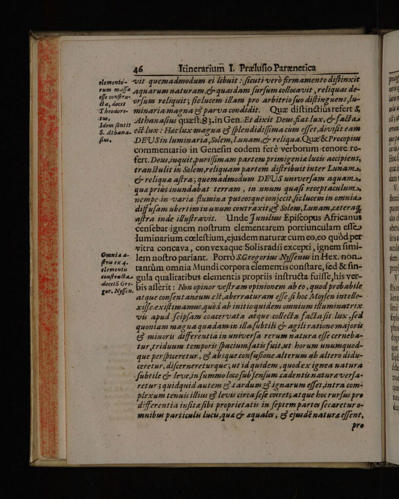 elementó-. vit quemadmodum ei libuit : ffeuti-verh firmamento diflinxit fcil vu * Aquarum maturam, d«quasdam [urfum collocarvit ,veliquas de- du,due Orum reliquit; ffelucem illam pro Arbitrio fuo diflimguens ,lu- Theodore- sBipariamagta t9 parva cocdidit. Qua diftin&amp;tius refert 4$, ue anui At Pmaftius quaft. B s.n Gen..Er dixit Deus. fiat lux, eh f afa» Jdem fentit ''. FEM : E S. Athana- 68 dux : Haclux naga ej [Mendidiffimacum effet.divifit eam dins. DEUSin luminaria,Sdem,Lunam,e reliqua.Quz' &amp; Procopius commencario in Genefin eodem feré verborum tenore.re- fert. Deusiuquit,puri/fpmam partem primigeniaducis Aaectptens, transtulit im Solemyreliquam partem diffribuit ivter Lunam», C reliqua aflra quemadmodum DEUS umvver[am aquam», quapriséinundabat terram , im unum quaft receptaculum a, nempe-dn varia flumina puteosque conjectt.[ic lucem im omnia» diff u[am ubertimiuunum coutraxite9 Solem,Lumam,caterad, afkra inde iluffravit. Undeumilius Epifcopus Africanus cenfebar ignem noftrum elementarem portiunculam efle» luminarium cceleftium ejusdem naturz cum eo,eo quód pet vitra concava, convexaque Solisrádii excepti , ignem fimi- docetS Gre- ger. Noli bis aflerit: Non opinor efframopinionem ab eo ,quod probabile xiffeexifimamusquid ab initioquidem omnium illuminntrix vis apud feipfam coacervata atque colleiia facia frt lux ,fed quoniam maguaquadamin lofubtili c agili rationemajortis t$ minoris differentia in univerfa rerum natura effe cerueba- zur triduum temporis [pascium?fAatis fuit,ut. borum unumquod- que per [uceretur., &amp; Absque conf uffone alterum zb altero didu- ceretur, difcernereturquesut 7d quidem ;quodex ignea natura Jfubtile ci» leuejin fnmenolovo [mb fenfum cadentis naturever[a- retur quidquid autem ej 4 ardum 3 demarum effet intra com- plexum teuuts lius e$ levis circa fefe cotrets utque boc rur[us pre differentia inffta fibi proprietatis in feptem partes fecaretur o- mnibus particulis luctó,qua cy equales , c9 ejmsdé watura effent, ]ient ftne bph phus dog Que fol t t Qui SU s