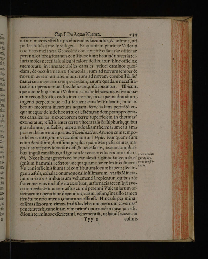 €— ——————————— Cap.TI. De Aque Natüra. $39 ad:innumeros effectus producendos facundor, &amp; animor , uti poftea fufiusà me inceHiges. Ec quoniam plurimas Vulcani conlortis mei incra Geocotmi concavitite culinariz ofRicinz perennicalore eftuancescon(titutz func; firucnéuniveríatel- luris moles neceflario alicubi calore deftiruatur: hinc officinz aimemo;atz in innumerabiles canales veluti caminos quof- «am , &amp; occulta nature fpiracula , cum ad novum femper &amp; inovum aérem acrahendum, tum ad novam. combuftlibilis? materie congeriem comparandam,natutrz quadam neceffita- tene in operationibus fuis deficiant;diftribuuntur. lbicun- que itaque hujusmodi Vulcanii canales lebetesmeos ftve aqua- rum reconditorios cados incurrerint, ficut quemadmodum. ingenti perpetuoque aftu feruent canales Vulcani, ita ad le- betum meorum incurfüm aquam fervefactam perfecté co- quant ; quz deinde hoc zeítucalefacta,randem per appropria- tos canaliculos inexteriorem terre fuperficiem in chermas* gravabantur,mifcellis; ucproindealiamthermarum cau am.» prater dictam nonquaras. 7]eodidacf s;. An non cum tempo- re lebetestui ignium vi confümuntur? Hydr. Nanquam; func enim denfiffimi,durifTimique plus quàm Marpefia cautes,ma- gnánaturz providentia excifi,&amp; neceflariis, iisque compluri- Vulcaniofficinis füuum fibi conftitutum locum habent ; fed in- genti zftás, exhalationumquexalidiffimarum, variis Minera- lium mixturis imbutarum vehementi replentur, quibus aér frater meus;iis inclufus ita exarftuat, utfornacisacceníz fervo- ri non cedat.Hic autem aftus cum à perenni Vulcaniarum of- ficinarum operatione dependeat,eciam ipfum,fine ullo camen ftra&amp;turz nocumento,durare neceffe eft. Hincubi per minu- tiflimasfaxorum rimas, indictasleberum meorum cavernas? penetraverir,tunc fuam vim primó oportune in mez jurisdi- Gionis terminos exferictantà vehementiá , ut haud fecusac in Yyy 2 culinis