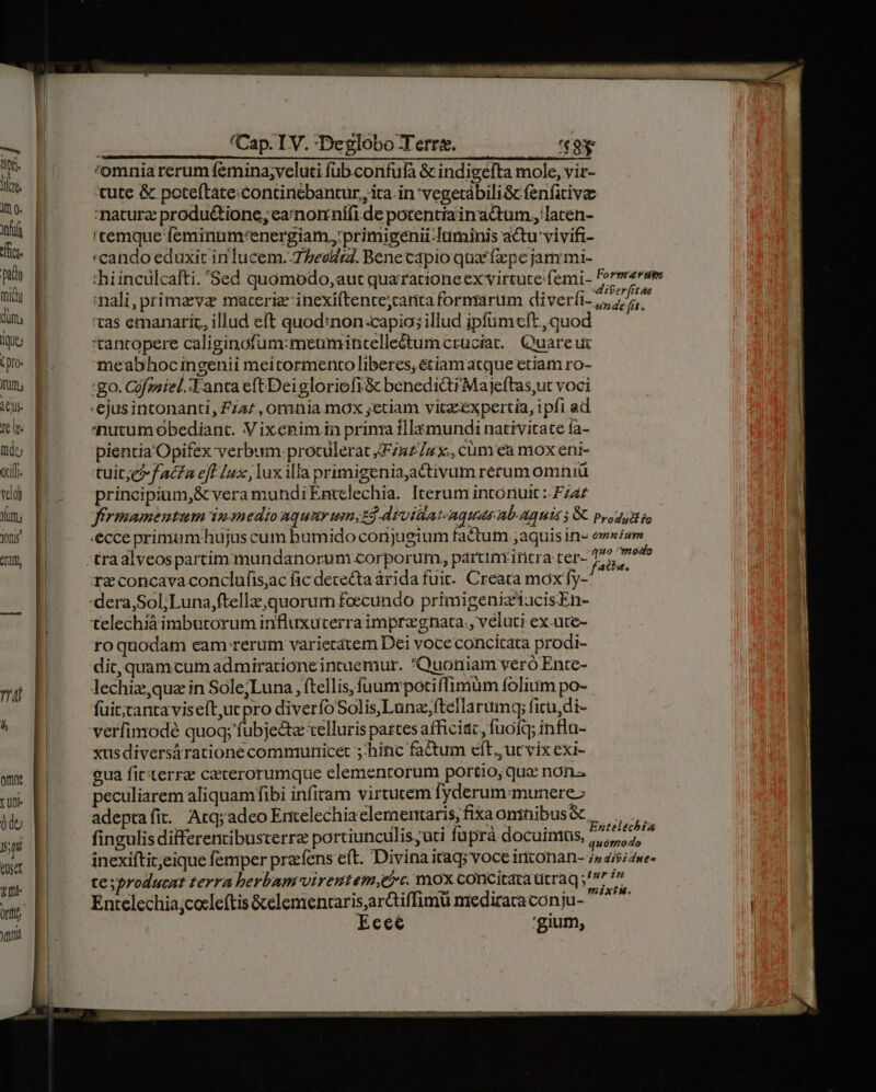 om tUm. 0do bm eot vni Jo Cap. IV. -Deglobo Terre. «9* 'omnia rerum femina;veluti füb.confufà &amp; indigeéfta mole, vir- tute &amp; peteftate:continebantur, ita. in 'vegetábili&amp; fenficivae 'nature produ&amp;tione; ea'nonrnífi de potentiainattum,, lacen- 'remque feminum.energiam,,'primigenii-luminis actu vivifi- cando eduxit in lucem.-7/zeedrZ. Benecapio qux fepe jam mi- thiinculcafti. Sed quomodo, aut qua rationeex virtute femi- 'tas eranarit, illud eft quod:non:capia;illud ipfümcft,quod *tancopere caliginofum:meumintelle&amp;um cruciat. Quare uc meabhoc ingenii meitormenco liberes;étiamatque etiam ro- :go. C miel. Lanta eftDei gloriefi&amp; benedidi Majeftas,ut voci ejusintonanti , zzz , oninia mox ;eciam viceeexpertia, ipfi ad «nutumobediant. Vixenim in prin illamundi nativitate ía- pientia Opifex verbum protulerat /Fzu£/zx., cüm ea niox eni- tuit;e?- fada eff [ux , lux illa primigenia,activum rerum omniü principium, &amp; vera mundi Entelechia. Iterum intonuit :- F7 tra alveospartimmundanorum corporum, partimirtra ter- re concava conclufisac fic dececta arida fuit. Creata mox fy- telechiàimbutorum influxuterra impregnata., veluti ex.ute- roquodam eam rerum varietatem Dei voce concitata prodi- dit,quamcum admiratione intuemur. Quoniam veró Ente- lechiz,qua in Sole;Luna , ftellis, faum potiffimüm folium po- fuit;cantaviseft,ucpro diverfoSolis,Lunz,ftellarumq; ficu,di- verfimodé quoq; fubje&amp;« xelluris partes afficit, fuofq; influ- xus diversáratione communicet 5:hinc factum eft, ucvix exi- eua fitterrze cecerorumque elementorum portio, qu non. peculiarem aliquamfibi infiram virtutem fyderum munere» adeptafit. Acq;adeo Entelechiaclementaris, fixa omnibus &amp; atta. [71 Entclechia;cocle(tis &amp;elementaris,ar&amp;iffimü mediraraconju- Ecce 'gium, ixtié.