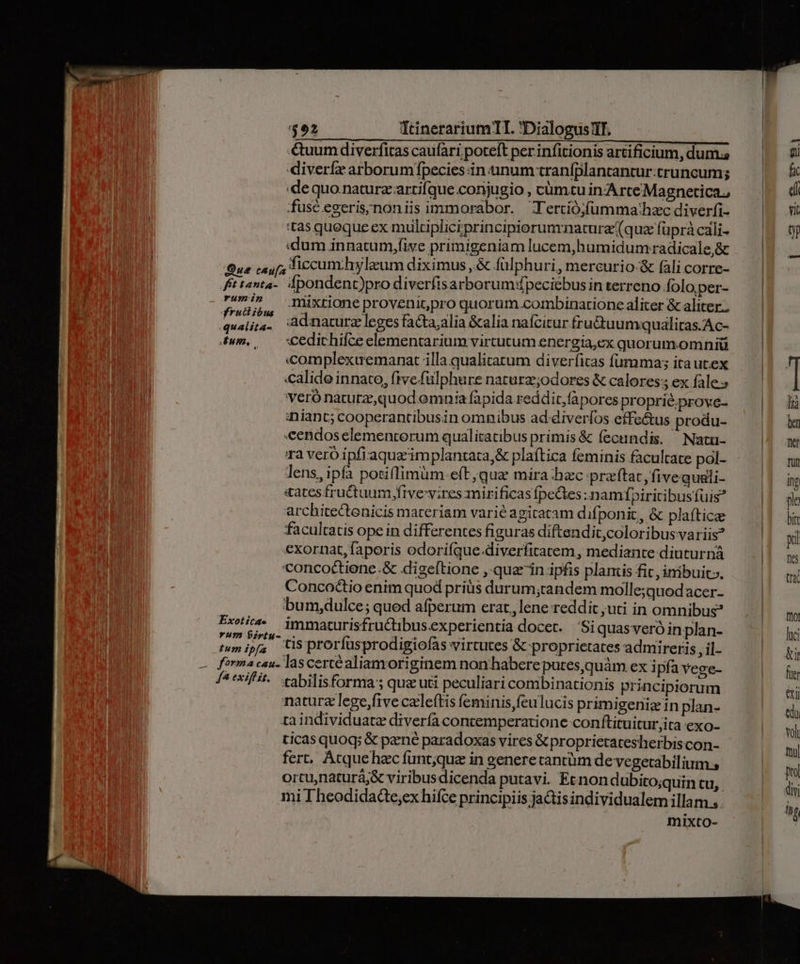 &uumdiverfitas caufari poteít per infitionis artificium, dumis diverfz arborumfpecies in unum traníplantcantur:truncum; de quo.naturzartifque conjugio , cümtu in'ArceMagnetica., /fusé egeris;/noniis immorabor. Tertió/fümmathzc diverfi- tas queque ex multipliciprincipiorun:natura (qua füprà cali- «dum innatum,five primigeniam lucem,humidum radicale,& Bue caufa ficcum.h ylaum diximus Q& fülphuri, mercurio-& ali corre- fittanta-. Ípondent)pro diverfisarborumdpeciebus in terreno folo;per- 5g, TXtioneprovenitpro quorum combinatione aliter & aliter. qualia. Adnature leges facta;alia &alia naícitur frudtuumq ualitas.Ac- 4wm., — *Cedichifceelementarium vircutum energia,ex quorum. omniü «complexuemanat illa qualitatum diverfitas fumma; itautex «calido innato, (ive fülphure naturz;odores & calores; ex fale s »veró naturze,quod emnia fapida reddit, fà pores proprié;prove- inianc; cooperantibusin omnibus ad diveríos effe&us produ- €endos elementorum qualitatibus primis & fecundis. ^ Natu- ra veró ipfiaquacimplantata,& plaftica feminis facultate pol- lens, ipfa potiflimüm eft ,qua mira hzc praftat, fivequali- «ates fructuum fivesvires mirificas fpectes namfpiritibusfuis? architectenicis materiam varié agitatam difponit, & plaftice facultatis ope in differentes figuras diftendit,coloribus variis? exornat, faporis odorifque.diverfitatem, mediante diuturná concoctiene.& dige[tione , quain ipfis plantis fit, inibuit», Concoctio enim quod priüs durum;tandem molle;quodacer- bum,dulce; qued afperum erat, lene reddit uti in omnibus? Exotic immaturisfructibusexperientia docet. Siquasveró inplan- fer pes tis prorfüsprodigiofas virtutes & proprietates admireris, il- - forma cau. lascertealiamoriginem non'habere putes,quàm ex i pfa vege- /4 txifit. -cabilisforma s qua uti peculiari combinationis principiorum naturz lege,five celeftis feminis feulucis primigeniz in plan- taindividuatz diverfa contemperatione conftituitur;ita exo- ticas quoq; & pené paradoxas vires & proprietatesherbis con- fert, Atquehzc funt;que in generecantüm devegetabilium:s ortunaturà;& viribus dicenda putavi Ecnon dubito;quin tu, . mi Theodidade;ex hifce principiis ja&isindividualem illam mixto-