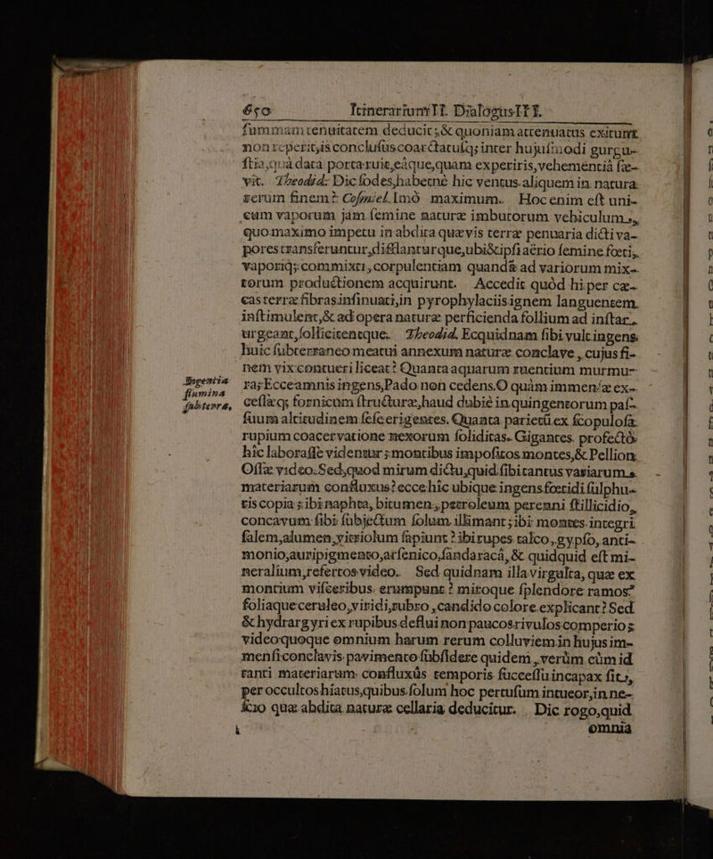 fummam tenuitatem deducit ;&amp; quoniam attenuacus exitum non rcperitis conclufuscoarQatutq; inter hujuftnodi gurgu- ftia,quà data portaruie,e3quequam experiris,vehementiá fze-- vi. Zheodid. Dic fodes,habecne hic ventus.aliquem in. natura: rerum finem Cofpael.Imó maximum. | Hocenim eft uni- ,cum vaporum jàm.Íemine maturz imbutorum vebiculum.;, quomaximo impetu imabdira quavis terra penuaria dicti va- porestransferuntur,di&amp;lanturque,ubi&amp;ipfi aério femine foeti,, torum productionem acquirunt. Accedit quód hiper ce- casterra fibrasinfinuati;in pyrophylaciisignem languentem. inftimulent,&amp; ad opera naturz perficienda follium ad inftar, urgeant,follicitentque. | 25eod/4. Ecquidnam fibi vult ingens; huic fübterranco meatui annexum naturz. conclave , cujus fi- nem vixcontueri liceat? Quantraaquarum zuentium murmu- ra;Ecceamnisingens,Pado non cedens.O quàm immen/z ex- cefleqs fornicam (tru&amp;turas haud dubie in.quingentorum paf fuum altitudinem fcícerigentes. Quanta parietü.ex fcopulofa: rupium coacervatione mexorum folidicas. Gigantes. profecto. hic laboraffe videntur ;montibus impofitos montes,&amp; Pellion: Oflz v1ideo.Sed,quod mirum diQu,quid.fibitantus variarum s. materiarum confluxus? eccehic ubique ingens foctidi fülphu-- tis copia sibinaphta, bitumen; petroleum perenni ffillicidio,, concavum fibi fubjectum folum illimant ;1bi montes. integri: falem,alumen,yitriolum fapiunt ? ibirupes talco, gypío, anti-- monio;auripigmento;arfenico,fandaracá, &amp; quidquid eft mi- neralium,refertosvideo. Sed quidnam illavirgulta; quae ex montium vifeeribus erumpunz ? miroque.fplendore ramos? foliaqueceruleo,viridi,subro ,candido colore.explicant? Sed. &amp; hydrargyriex rupibus deflui non paucosrivuloscomperio s videoquoeque omnium harum rerum colluviem.in hujus im- ácio qua abdita natur cellaria deducitur. |. Dic rogo,quid. p 755 omnia Ee-— KR -— 40700 — € o cy £d oc X qe————À o —À