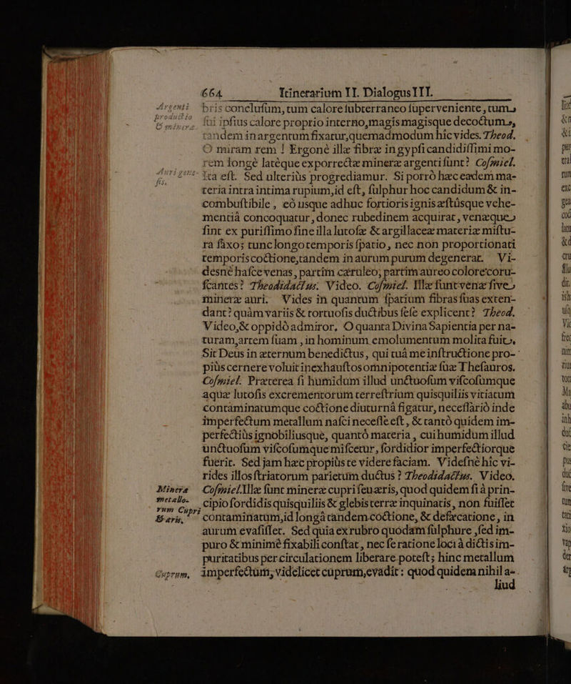 Minero »etallo- 79:5) Cz E eri, 664. Trinerarium TI. Dialogus TIT. bris conclufum, tum calore tubterraneo füperveniente , tum.) fni ipfius calore proprio interno,magis magisque decoctum.», candem inargentum fixarur,quemadmodum hic vides. 77204. O miram rem ! Ergoné ille fibre ingypficandiditfimi mo- rem longe latéque exporrectz minerz argentifünt? Cofoeiel. ita eft. Sed ulterius progrediamur. Si porró hec eadem ma- teria intra intima rupium,id eft, fulphur hoc candidum &amp; in- combuftibile, eó usque adhuc fortiorisignis zftüsque vche- mentià concoquatur , donec rubedinem acquirat , venzque» fint ex puriffimo fine illa lutofz &amp; argillacez materiz miftu- rà fàxos runclongotemporis fpatio, nec non proportionati remporiscoctione;tandem inaurum purum degenerar. Vi- desné hafcevenas , partiim caeruleo; partim aureo coloreccoru- fcantés? Theadidacius Video. Cofmicl. Hl funtvenz ive» ininerz auri. Vides in quantum fpatium fibrasfuas exten- dant? quàm variis &amp; rortuofis du&amp;tibus fefe explicent? 75e04. Video,&amp; oppidóadmiror, O quanta Divina Sapientia per na- turam,arrem fuam , in hominum emolumentum molita fuit», Sit Deus in zternum benedictus, qui tuà meinftru&amp;tione pro- piüscernere voluitinexhauftosomnipotentiz fuz: T hefauros. Cofmiel. Praverea fi humidum illud un&amp;£tuofum vifcofumque aquz lutofis excremencorum rcerreftrium quisquiliis vitiacum conraminarumque co&amp;tione diuturnà figatur, neceflàrió inde imperfectum metallum nafci necefle eft , &amp; cantó quidem im- perfectius ignobiliusque, quantó mareria , cuihumidum illud unctuofum vifcofumque mifcetur, fordidior imperfecdtiorque fuerir. Sed jam hzc propiüste viderefaciam. Videfné hic vi- rides illosftriatorum parietum ductus ? 7/eodzdac£us.. V ideo. CofmielTla funt minerz cuprifeuzris, quod quidem f1à prin- , cipiofordidis quisquiliis &amp; glebisterra inquinatis, non fuiffet aurum evafifler. Sed quiaexrubro quodam fulphure ,fed im- puro &amp; minime fixabili conftat , nec fe ratione locià ditis im- puritatibus per circulationem liberare poteft; hinc metallum liud