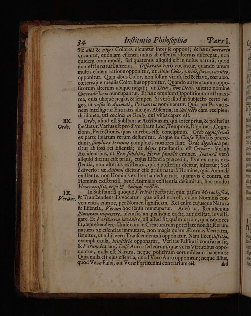 foem Een HX. Qr4o, IX. Infitutio Philofophie Pars I. Sic albi & zigri Colores dicuntur interfe opponi; & haec Cozzraria vocantur, quoniam effentia unius ab effentià alterius difcrepat, non quidem omnimode, fed quatenus aliquid eft in unius naturá, quod non eftinnaturàalterius, | Dz/farata veró vocantur, quando unum multis eádem ratione opponitur, ut Albus Color; virids, flavo, ceruleo, opponitur. Quia albus Color, non folum viridi, fed & flavo, coeruleo. coeterisjue mediis Coloribusopponitur. Quando autem unum oppo- fitorum alterum ubique negat ; ut Dezz , sez Detts, ufitato nomine ma, quia ubique negat, & femper. Si Vero illud inSubjecto certo ne- get, ut 7//z5 in dzimali , Privantia nominantur. Quia per Privatio- nem intelligitur Entitatis alicujus Abfentia, in $z5;ec/0 eam recipien- di idoneo, uti cecitzs iz Oculo, qui vifuscapax eft. Ordo, aliud eftSubftantiz Attributum, qui inter prius, & pofterius fpe&tatur.Variuseft pro diverfitate Loci, Temporis,Dignitatis, Cogni- tionis, Perfe&tionis, quas in rebuseffe concipimus. Ordo coenofcendi ex parte ipfarum rerum defuümitur. Atque ita Cz7/2 Effe&us przce- dunt; frzplices termini complexis notiores funt. Ordo dignitatz pe- titur ab ipsà rei Effentià; ut Mess praftantior eft Corpore: Vel ab Accidentibus, ut. Rex fgbditzs, Herus famuli eminet. Naturá vero aliquid dicitur effe prius, cujus Effentia precedit, five ex cujus exi- ftentià, non alterius exiftentia, quod poflerius dicitur, infertur ; Sed édiverío: ut Z£zal dicitur effe prius naturà Homine, quia Animali exiftente, non Hominis exiftentia deducitur; quamvis € contra, ex Hominis exiftentiá, bené Animalis exiftentia defümitur, hoc modo: Homo exiflit, ergo £9. Animal extflit. In Subftantià quoque Z'eritas fpectatur, que paffim Metapbyfíca, venientia cum re, per Nomen fignificata, Rei enim cujusque Natura & Effentia, Zerzz hoc fenfa nuncupatur. Adeo ut, Rei alicujus ANaturam inquirere, idem fit, an qualisdue ea fit, aut exiftat, invefti- are. Et erifatem invenire, nil aliud fit, quàm utrum, qualisdue res it, deprehendere. Unde cum in Creaturarum poteftate non fit, R erum naturas ac effentias immutare, non magis quàm ZEternas Veritates, fequitur, ut nihil vero Tranfcendentali opponatur. Nam licet jz//;/7e, exempli caufa, Iriz/Pitie opponatur, Veritas Falfitati contraria fit, & erum Aurum, Fa/fo Auro: fed eorum, quz veris Virtutibus oppo- nuntur, nulla eft Natura, neque pofitivam eorumldeam habemus: Quia nulla cft ejus effentia, quod Vero Auro opponitur ; neque illius, quod Vera Fidei, aut Verz Fortitudini contrarium eft, Yt