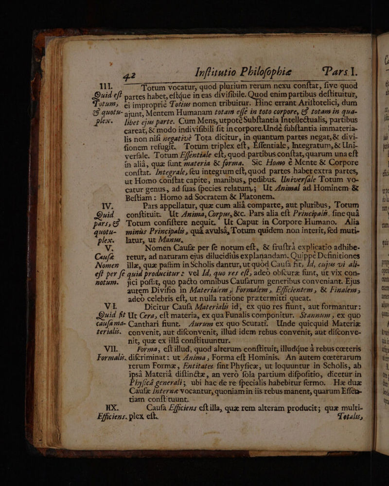 * NGC rimeini ose m pau rms NENNEN QE ONERE. AL A EL n aSBii - manni 42 ^8 dnfhtutio PLilofophie Pars 1. lll. ^ Totum vocatur, quod plurium rerum nexu conftat, five quod O uid eff partes habet, efíljue in eas divifibile. Quod enim partibus deftituitur, qotum ei improprie Totius nomen tribuitur. Hinc errant Ariitotelici, dum &amp;9 quotu- ajunt, Mentem Humanam /Z0£am effe ip toto corpore, of zotam in qua- lex — libet ejus parte. Cum Mens, utpote Subftantia Intelle&amp;tualis, partibus careat, &amp; modo indivifibili fit in corpore.Undé fubftantia immateria- lis non nifi zegatzué Tota dicitur, in quantum partes negat; &amp; divi- fionem refugit. Totum triplex eft, Éffentiale, Integratum, &amp; Uni- verfale. Totum Effeztiale eft, quod partibus conftat, quarum una eft ín alià, quz funt zzatería &amp; forma. Sic Homo € Mente &amp; Corpore conftat. Jtegrale, feu integrum eft, quod partes habetextra partes, ut Homo conftat capite, manibus, pedibus. lUziverfale 'Totam vo- catur genus, ad fuas fpecies relatumy; Ut Zzapal ad Hominem. &amp; Beftiam : Homo ad Socratem &amp; Platonem. TV. Pars appellatur, quz: cum alià comparte, aut pluribus, Totum Quid . conftituit. Lt Zmima, Corpus, &amp;c. Pars alia eft. Principalts, fine quà pari c Totum confiftere nequit, Ut Caput in Corpore Humano. Alia quotu- minüs Principali , quà avulsà, Totum quidem non interit, fed muti- plex. latur, ut Mamw., — Dus TM V. Nomen Caufz per fe notum eft, &amp; fruftra explicatio adhibe- C«w/£ — retur, ad naturam ejus dilucidius explanandam. CEP. Dcfinitiones Nomen ila, quz paftim inScholis dantur, ut quod Caufa fit /2, eujus vi ali- eff. per fe quid producitur : vel Id, quo res eff, adeo obfcura fünt, ut vix con- Zotum. jici poft, quo pa&amp;o omnibus Caufarum generibus conveniant. Ejus autem Divifio in Mazerialem 5 Formalem ,, Efficientem , &amp; Finalem; adco celebris eft, ut nulla ratione prztermitti queat. B2: Dicitur Caufà Mareriali id; ex quo res fiunt, aut formantur: Ovid fit Ut Cera, eft materia, ex qua Funalis componitur. Srtzzzz» , ex quo cau[ama- Canthari fiunt. — 424m ex quo Scutati. Unde quicquid Matcriz zeríala. | convenit, aut difconvenit, illud idem rebus. convenit, aut difconve- nit, quz ex illà conftituuntur. VII. Forma , eft illud, quod alterum conftituit; illudáue à rebus caeteris Formal. difcriminat: ut 472224 , Forma eft Hominis. An autem coeterarum rerum Formz, Extitates fint Phyficze , ut loquuntur in Scholis, ab ipsà Materià diftin&amp;z, an vero fola partium difpofitio, dicetur in Pbyficá generali, ubi hac de re: fpecialis habebitur fermo. . Hz dux Caufze Interue vocantur, quoniamin iis rebus manent, quarum Effen- tiam conftituunt. Hx. Caufa Efficiens eftilla, quae rem alteram producit; qua multi-