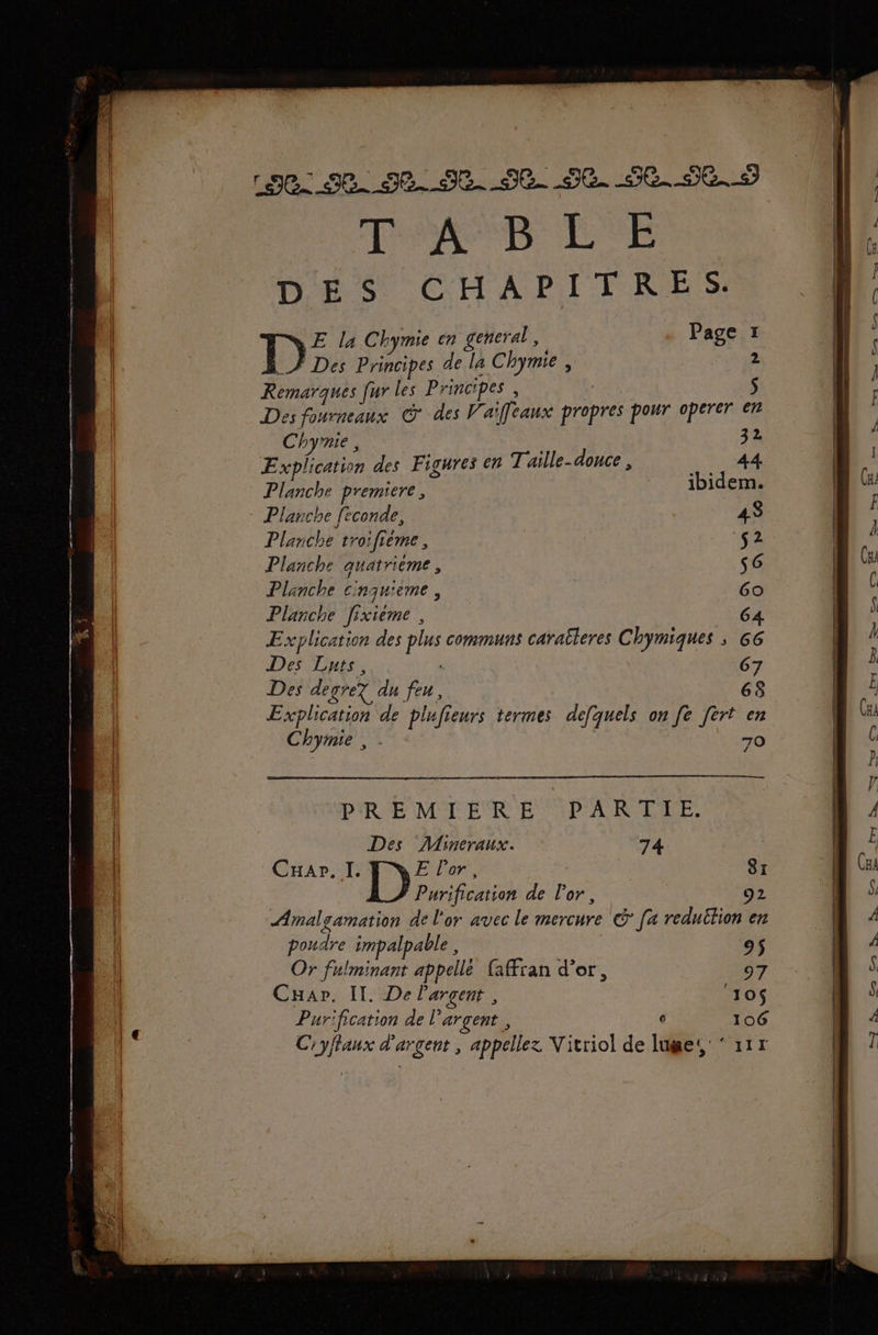 Je. Se JE SE SE SC SC. 5e. SD à DES CHAPITRES. E la Chymie en general, Page 1 _À Des Principes de la Chyrmie , 2 Remarques [ur les Principes, S Des fourneaux © des Vaïffeaux propres pour operer er Chyrnie, 32 Explication des Figures en T'aille-donce , Planche premiere, Planche feconde, Planche troifièeme, Planche quatrième, Planche cinju'eme, Planche fixiéme , 64 Explication des plus communs caraëleres Chymiques ; 66 Des Luts, . Chynie , . 70 PREMIERE PARTEE. Des Mincraux. 74 R Car. I. E Por, 81 Purification de l'or, 92 Amalgamation de l'or avec le mercure © [a reduëlion en poudre impalpable, Or fulminant appellé faffran d’or, Cuapr. Il. De l'argent, Purification de l'argent , Cryffaux d'argent , appellez V'itriol de lue‘ 11r &gt; nr. reg os En En nm Ven EE En Es NN NS En : a CU