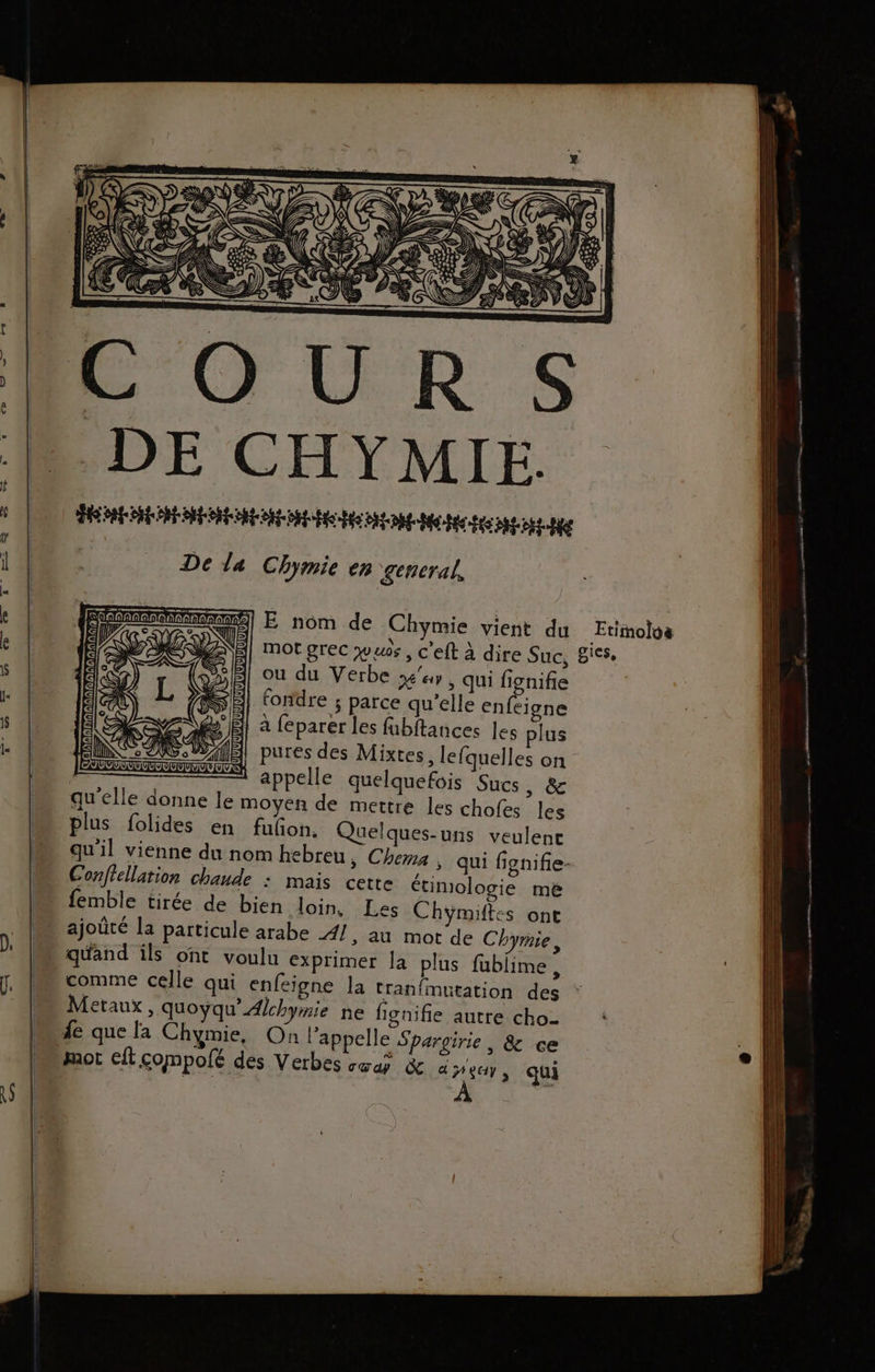 | | |! 2 © FES = KV £ < $ g PIN Fe NS 4 OLA è Ÿ En > pl Z &amp; \ ) Se en \ } MAC 2 a Pr U//} re )) KE jS \ ART à x ] : A4 À = A : NE À £, S 4 4 ès À KE Le 4 7 \ F NX N 2) ] CL EUR OO CRT | De la Chymie en general, E nom de Chymie vient du mot grec wus , c'eft à dire Suc, ou du Verbe »'«y, qui fignifie fondre ; parce qu’elle pet à feparer les fubftances les plus pures des Mixtes, lefquelles on | appelle quelquefois Sucs , &amp; qu'elle donne le moyen de mettre les chofes les plus folides en fufon. Quelques-uns veulent qu'il vienne du nom hebreu, Chers ; qui fignifie- Conflellation chaude : mais cette étimologie me femble tirée de bien loin, Les Chymiftes ont ajoûté la particule arabe A], au mot de Chyrnie, quand ils ont voulu exprimer la plus fublime, comme celle qui enfeigne la tranfmutation des Metaux, quoyqu’Alchy#rie ne fignifie autre cho fe que la Chymie, On l'appelle Spargirie, &amp; ce mot cit compolé des Verbes oœa &amp; à $ay, qui