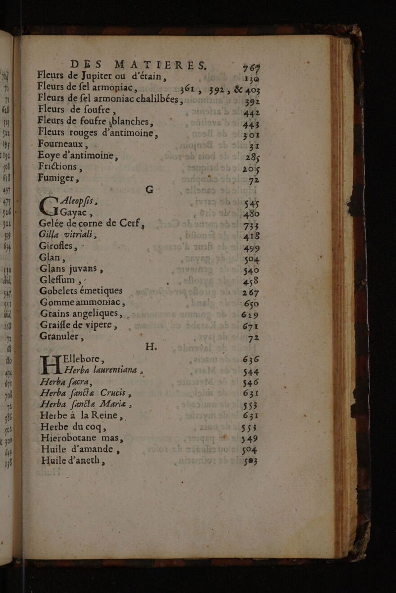 out eme Ps ere D RS en ER =s— Fleurs de foufre blanches, Fleurs rouges d' antimoine | Fourneaux , Eoye d’antimoine : Frictions, Fumiger, Aleopfis , Gayac, Gelée de corne de Cerf, Gilla vitriali, Girofles, Glan, Glans juvans, Gleflum , Gobelets émetiques Gommeammomac , Graifle de vipere , Granuler, Elleboïe, Herba laurentiana , Herba [acra, | Herba fanile Crucis, Herba fanêle Marie , Herbe du coq, Hierobotane mas, Huile d'amande, Huile d’aneth, 13Q@ gti mn ASE Rs cine nain ARMES ame 3 ER “PÉSÉS raies ee