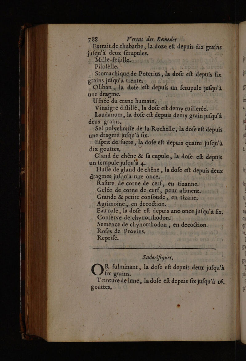 jufqu'àa deux fcrupules. Mille-feüille,-.:. x! Pilofelle. isTa 418 F | Sromachiqué de Poterius ,la-dofe eft depuis fix grains jufqu'a trente. 5 sup Oliban, la dofe ft depuis un fcrupule jufqu’à une dragme. | es Ufnée du crane humain. Vinaigre diftillé, la dofe eft demy cuillerée. _Laudanum, la dofe eft depuis demy grain jufqu’à deux grains, Se! polyehrefte de la Rochelle, la dofe eft depuis une dragme jufqu’a fix. | Efprit de fucre, la dofe eft depuis quatre jufqu’à dix gouttes, À | un {crupule jufqu’à 4. Huile de gland de chêne , la dofe eft depuis deux dragmes jufqu’à une once, TA _ Rafure de corne de cerf,.en tizanne. Gelée de corne de cerf, pour aliment. Grande & petite confoude., en tizane. Agrimoine, en decoction.. Eau rofe, la dofe eft depuis une:once jufqu'à fix. Confetve de chynorthodon. Seménce de chynorrhodon ; en decottion. Rofes de Provins, Reprife. S nderifiques. ZT fx grains, gouttes,