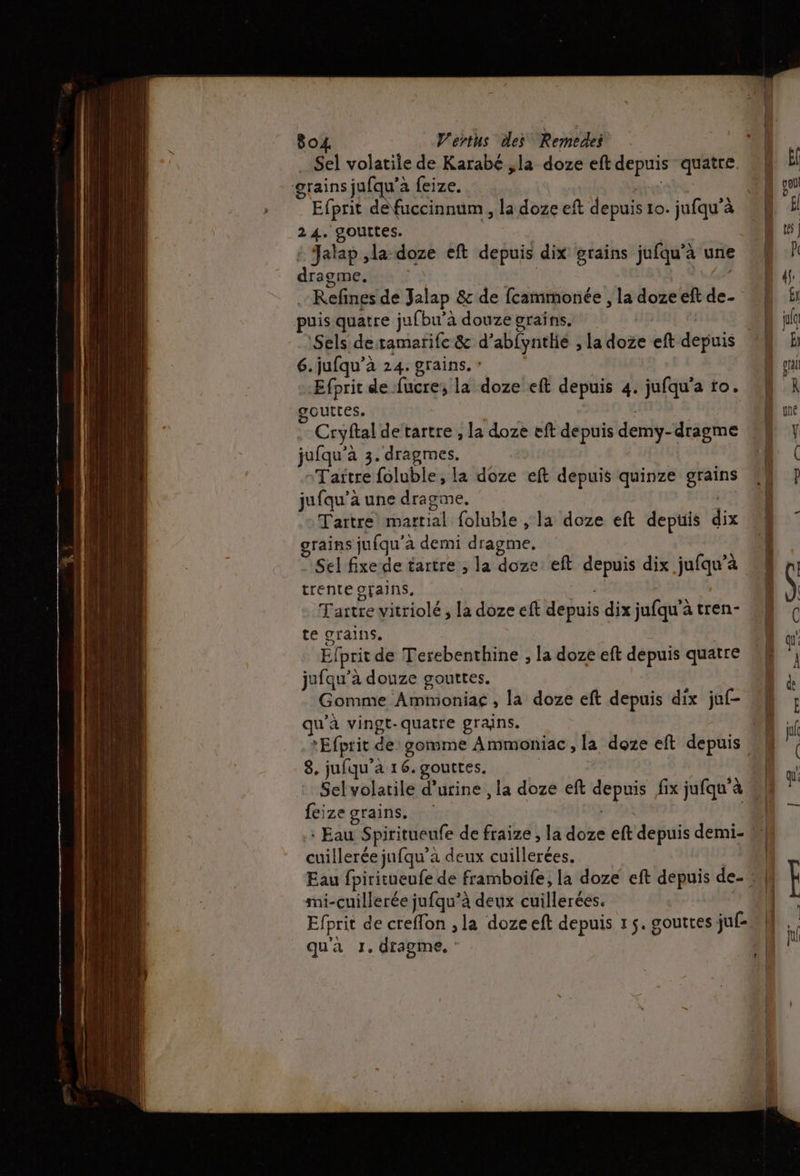 . Sel volatile de Karabé ,la doze eft depuis quatre. grains jufqu'a feize. ti Efprit défuccinnum, la doze eft depuis 10. jufqu’à 2 4. gouttes. | : Jalap ,la-doze eft depuis dix grains jufqu’à une dragme. .-Refines de Jalap &amp; de fcammonée , la doze eft de- puis quatre jufbu'à douze grains. | Sels detamarife &amp; d’abfyntlié , la doze eft depuis 6.jufqu’à 24. grains. » Efprit de fucre; la doze eft depuis 4. jufqu'a ro. gouttes. | | Cryftal de tartre , la doze eft depuis demy-dragme jufqu'a 3. dragmes. Taïtre foluble, la doze eft depuis quinze grains jufqu’à une dragme, | Tartre martial foluble , la doze eft depuis dix grains jufqu'a demi dragme. Sel fixe de tartre , la doze eft depuis dix jufqu’à trente grains. ma, Tartre vitriolé , la doze eft depuis dix jufqu'à tren- te grains. Efprit de Terebenthine ; la doze eft depuis quatre jufqu’à douze gouttes. Gomme Ammoniac , la doze eft depuis dix juf- qu'à vingt-quatre grains. 8, jufqu’a 16. gouttes. | Selvolatile d'urine , la doze eft depuis fix jufqu'à feize grains. | | + Eau Spiritueufe de fraize , la doze eft depuis demi- cuillerée jufqu’a deux cuillerées. mi-çuillerée jufqu’à deux cuillerées. Efprit de creffon , la dozeeft depuis 15. gouttes juf- qu'a 1. dragme.