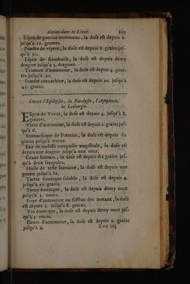 Un décritssdans ce Livre. 8er Efpritde gomme ammoniac , la dofe eft depuis 8. jufqu'à 16. gouttes. | qu'à 30, | ? Efpriv de framboife, la dofe eft depuis demy . dragme jufqu’à 2. dragmes. Teinture d’antimoine , la dofe eft depuis 4. oout- tes jufqu'à 20. | Poudre cornachine, la dofe eft depuis 20. jufqu’à 45- grains, ne - Contre l'Epilépfie, la Paralyfie , lApoplexie, la Lethargie. ES de Venus, la dofe eft depuis 4. jufqu'a &amp;. Lcouttes. Verre d’antimoine, la dofe eft depuis 2. grains juf- qu'a 6. | | Sromachique de Poterius, la/dofe eft depuis fix grains jufqu'à trente. Eau de meliffe compofée magiftrale, la dofe eft depuis une dragme jufqu'à une once, du Crane humain , la dofe eft depuis dix grains juf- qu'a deux fcrupules. | | Huile de tefte humaine , La dofe eft depuis une goutte jufqu'a fix. ” Tartre émetique foluble , la dofe eft. depuis 4. jufqu’à 20. grains. | 2 Syrôp émetique , la dafe eft depuis demy once jufqu’à 2. onces. 9 Fove d’antimoine ou faffran dés metaux , la dofe Vin émetique, la dofe eft depuis demy once juf-