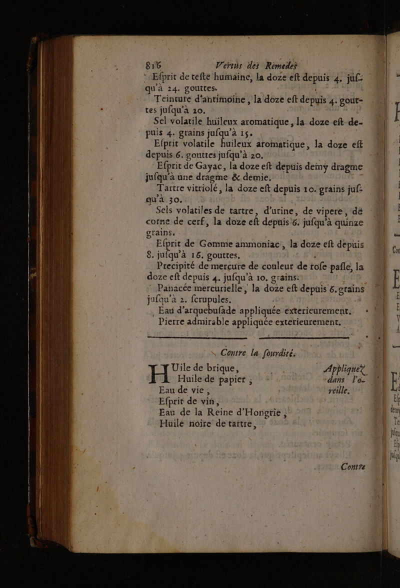-Efprit de tefte humaine, la doze eft depuis 4. juf: qu'a 24. gouttes Teintute d'antimoine , la doze eft depuis 4. sout- tes jufqu’à 10. | À Ï … Sel volatile huileux aromatique , la doze eft de. | * puis 4. grains jufqu'a 15. || Efprit volatile huileux aromatique, la doze eft depuis 6, gouttes jufqu’à 20. Efprit de Gayac, la doze eft depüis deiny dragme jufqu'a une dragme &amp; demie. Tartre vitriolé, la doze eft depuis 10. grains juf: qu'à 30. À : Sels volatiles de tartre, d'urine, de vipere, dé corne de cerf, la doze eft dépuis’6. jufqu’à quinze grains, ù &amp; ren de Gomme ammoniac , la doze eft depuis | Cu 8. jufqu’à 16. gouttes. | | . Precipité de mercure de couleur de tofe pafle, la doze eft depuis 4. jufqu'à 10. grains: | | * Panacée mercurielle ; la doze eft depuis 6. grains s jufqu'a 2. fcrupules. | + 0 | - . Eau d’arquebufade appliquée exterieurement: + M i Pierre admirable appliquée exterieurement. | qe a » ! Contre la [ourdité: | H° de brique, Aphliquéz Oh. Huile de papier ; dans l'o: 0 Eau de vie, reille. | Efprit de vin, 14 Eau de la Reine d'Honptie, D Huile noire de taïtre, | a qu i qu Contre