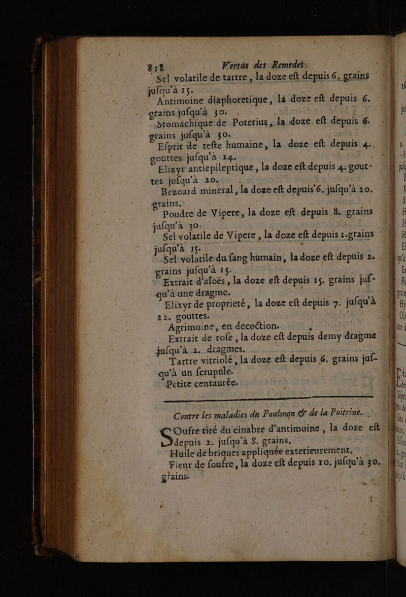 Sr, rm Stemächique de Poterius, la doze eft depuis 6- Efprit de refte humaine, la doze eft depuis 4. Elixyr antiepileptique, la doze eft depuis 4. gout- Bezoard mineral, la doxe eft depuis 6. jufqu’à 10. Poudre de Vipere, la doze eft depuis 8. grains jufqu’à 30. | | jufqu'à 15. Sel volatile du fang humain, la doze eft depuis 2: grains jufqu'à 1$. | Extrair d’aloës , la doze eft depuis 15. grains juf- Agrimoine, en decoétion. 4 Extrait de role , la doze eft depuis demy dragme jufqu’à 2. diagmes. qu'à un fcrupnle. Petite centaurée. Contre les maladies du Poulmon @ de la Poitrine. depuis 2. jufqu'à 8. grains. Huile de briques appliquée exterieurement. g'ainse ge SR = 8 En n £ à - a e D T Da Æ ts © = = es _—- ee 0e 0e Eu LÉ pa a = >