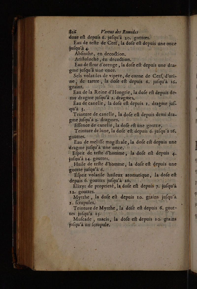 doze eft depuis 6. jafqu’à 20. gouttes. jufqu‘à | Ab Ti en deco@ion. Adiflbloehe . en decottion. Eau de fleur d’ orenge , la dofe eft ME une drar gme jufqu'à une ünce. Sels volatiles de vipere., de corne de Cerf, d'u Uri ne; de tartre', Ja dofe eft a 6. jufqu”} À 16 grains. Eau de la Reine d’ Hongrie, la dofe eft depuis de- my dragme jufqu'à 2. dragmes. Eau de canelle, la dofe ft sépuis I. dragme juf- u’à 3, re de canelle, L dofe ef depuis demi dra- gme jufqu'a 2. dragmes. - Effence de canelle, la dofe eft une goutte. Teinture de lune, la dofe Le depuis 6. jufqu’a 16. gouttes. #5 Eau de mel: Me Halte La dofe eft depuis uné gigi jufqu'à une once. * Elprit de tefte d'homme ; la dofe eft depuis 4. jufqu’à 24. gouttes, Huile de tefte d'homme, la dofe eft depuis une goutte jufqu’à 6. depuis 6. gouttes ju(qu'à 20,0. Élixyr de proprieté, la dofe eft depuis 7. jufqu'à à 2. gouttes. Myrrhe , la dofe ef depuis 10. grains jufqu’à s: fcrupules. Teinture de Myrrhe, la dofe eft depuis 6. gout- tes jufqu'à rfi: ju (qu’à un fcrupule.