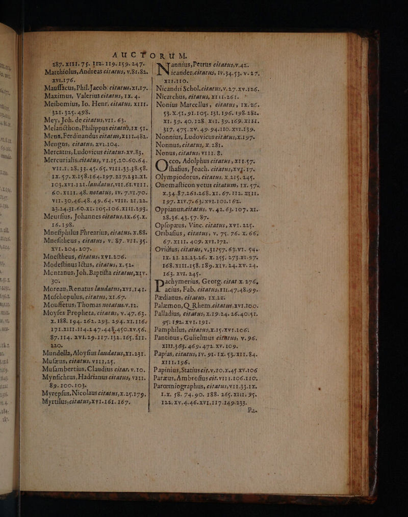 287. XIH. 75. 112: 119. 159. 247. Matthiolus, Andreas eiza£zs, v.81.82. XV1.176. Mauffacus, Phil. Jacob. cizatsxt.17. Maximus, Valerius ez£atzs, 1x. 4. Meibomius, Io. Henr. ci£a£us, x11r. 321.325. 498. Mey, Joh. de citatus,vit. 63. Melan&hon, Philippus e£zazt,1x 51. Mena, Ferdinandus c/22/25,x111.482. Mengus, citattis, xvi.104. Mercatus,; Ludovicus citatus xv.85. Mercurialis, e£A£45, v1.15.20.60.64. VII.I. 28.33. 45. 65. VII I.35.38.58. IX.57.X.158.164.197.217.2 32.XI. 103.XVI.121I.lattdAt ts, VY. GY. VIII. 60. XIII. 48. 20121 5, 1V. 7.VI.7O. VII. 30.46.48. 49.64. VIII. 21.22. 22.24.31.60.XI. 05.1 O6.XIII.293. Meurfius, Johannes citatus, 1x.65.x. I6.198. . Mnefiphilus Phrearius; eita£15, x.88. Mnefitheus ; citatus, v. 87. Υ11. 35. XYI. 204. 207. Mnoeftheus, cztatussxv1.226. Modeftinus I&us, cizatus; x. $2. Montanus, Joh. Baptifta eizatss,x1v. 2C. Moreau, Renatus /audatts, xvi. 141. Mofchopulus, cítazt5, x1.67. Mouffetus; Thomas »0o24125.v.12. x.188. 194. 262. 293. 294. XI. 116; 171I.XIII.114.2 47.448.450.XV.$6. 87.114. XVI. 29.117. 132.165.211. 220. Mundella, Aloyfius Ieudatus,x1.231. Μιας, citatus, v111,25. Mufambertius, Claudius cizaz v.10. Mynfichtus, Hadrianus cizazus, v111. 89.100.103. Myrepfus, Nicolaus citatus,x.25.179. Myrtilus;cita£45,XY1.161. 167. Tannius,Detrus ezra2zsv.4s. IN T inta, 1Y.34.53. V. 17. XII.IIO. Nicandri Schol.ezzatus,v.27.x«.126. Nicarchus, ei£atus, X111.261. Nonius Marcellus, citatus, 1x.2c. $3. X.51. 9I. IO$. 131. 196. 199.282. XI. 39. 40. I28. XiI. 59.169. XI H. 317. 475. XV. 49. 94.110. XV I.139. Nonnius, Ludovicus eitátus;x.197. Nonnus, c/?a£us, X. 281. Nonus, cita£15; V111.8. cco, Adolphus ciza£2s , X11.57. JA aet Joach. eitatus,xv1. 17. Olympiodorus, citatus, x.215. 245. X.34.87.261.268. ΧΙ. 67. 112, XIII, I97. ΧΙΥ.7« 63: XYI.IOi.162. Oppianus; e/24275, v. 42.63. 107. ΧΙ. 28.36.43.57. 87. Opfopaeus, Vinc. eizatus , xv1. 225. Oribafius , eizatus, v. 75. 76. X. 66. 67. XIII. 409. XV1.172. Ovidius; ci£atzs, v.31257. 65. V1. $4» IX. 21. 22.23.26. X. 255. 273.X1.97. I68.X1II.158. 89. XIV. 24. XV. 24. 163. XVI. 245. pem erius, Georg. ci74t x. 276, acius, Fab. czz4£155,x11.47.48.99. Pzdianus, e£tatzs, 1Χ.22: Paleamon, Q.Rhem.eita£z5,xv1.1o0. Palladius, citatus, x.19:24. 26.40:51. g5: 192. XVI. I9I. Pamphilus, cizazus;x.15.xv1.106i Pantinus , Gulielmus ezf&zus, v. 96. X111.363. 469. 472. XV. 109. Papias, citatus, Iv. 91. IX. $3- X11. 84. XIII.I96. Papinius,Statiusc/z.v.10.X.45.XV.106 Parcemiographus, e/z2£25,v11.35.1x. I.X. 58. 74. 90. 188. 265. XIi1; 95. I22, XY.4.46. XVI.I117:149:233. VERG ar ARES ARM ο νο a ae gn nir DAMES es UR IUS ppc Ra gus awe nasse OI ο. ουν μυ 1007 RI νου