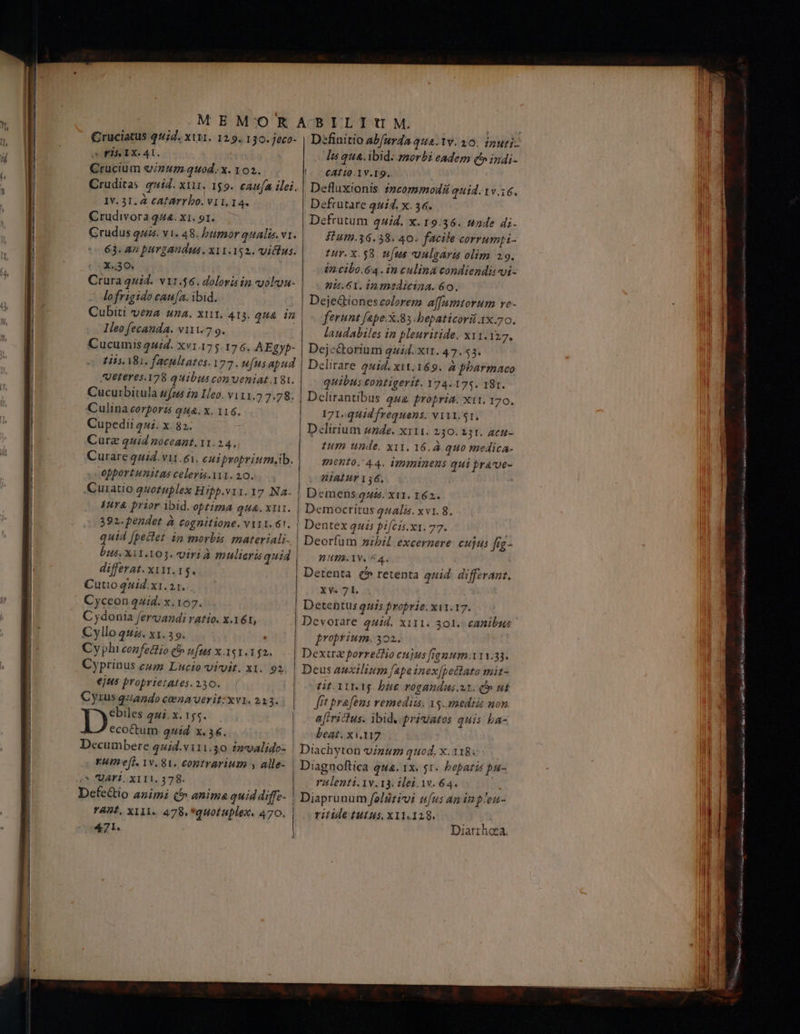 ——— 5 FISIX AIC. Crucium vinum.quod. x. 102. Crudivoragza.xi. 91. — Grudus quis. v1. 48. bumor quali. v1. 63. An purgaudus, x11.152. vidus. - X.,30. Crura quid. v1.56. doloris in vuolcou- lofrigido cau[a. ibid. Cubiti vena una. xut. 413. 014 in Ileo fecanda. v111.7 ο. Cucumis 24i. xv1.17 5.176. AEgyp- 1115. 181. facultates. 177. ufus apud AUeteres.178 quibus conueniat .181. Cucurbitula u(nms im Leo. v111.7 7.78. Culina corporis qua. x. 116. Cupedii 22. x. 82. Curz quid noceant. 11.24. Curare quid. vit. 61. cui pyoprium.ib. opportunitas celeris.i1. 20. .Guiatio quotuplex Hipp.vi1.17 Na- 4nrá prior ibid. optima 044. XIII. 392. pendet à cognitione. ΥΙΤΙ. 61. bus. X11.103. viri à muliera quid differat.xiy.1$.— Cuuo qzid.x1. zr. Cyceon quid. x. 107. C ydonia fervvandi ratio. x.16t, Cyllo qui. x1. 39. - Cyphi confectio (5 ufus x 151.152. Cyprinus cum Lucio vivit. X1. 93. ejus proprietates. 230. Cyrus qzando ceenaverit:xvi. 213. Ly qui. x. 155. ecottum quid. x. 3€. Decumbere quid.vi1i.30 énvalido- | πε. 1v. 81. contrarium y alle- 1 li 414. ibid: morbi eadem ql» indi- !- €Af10.1V.19. Defluxionis incommodi quid. tv.16, Defrutare 444. x. 16. Defrutum uid. x. 19.36. wade di- $1um.36.38. 40. facile corrumti- tur. X. $8. ufus uulgara olim 29. in cibo.64 .in culina condiendi vi- i.61. t2 mesdiciaa. 60. Deje&tiones colzrem alfamtorum ve- ferunt fape.x.83 bepaticorü 1x.70. laudabiles in pleuritide. ΧΙΙ. 127. Dejc&torium quid. xit. 47. 53. Delirare quid. χιι.169. à phbarmaco quibus contigerit. 174.175. 181. Delirantibus qua frogria. ΧΙΙ. 170. 171..qHid frequens. v1Yl. S1, Delirium szde. x111. 230. 231. acu- tum unde, xi. 16. quo medica- mento. 44. imminens qui prave- nialur 136. Democritus qula. xvi. 8. Dentex quis pifcis.x1. 77. Deorfum »ibil excernere. cujus fíz- WHTA AV. «4. : Detenta (^ retenta quid. differant. XV. 71, Detebtus quis Proprie. xi1.17. Devorare quid. xi11. 301. canibus [roprium. 302. Dextra porrechio cujus [ramum 111.33. Deus auxilium [ape inex[pedlato mit- HtUYII Mg. bue rogandus ut. o» ut fft pro[ens remedii. 15. mediis mon a[trictus. ibidy.priuates quis ba- beat. Xi.117 Diachyton vigum quod. x. 118; Diagnoftica qua. ΙΧ. 51. hepatis put- rulenti. Yv. 13. tlei. 1. 64. DefeGtio animi (^ anima quid diffe- 747. XIII. 478. *quotuplex. 470. 471. { Diaprunum felZtivvi ufus an inp^en- ritide tutus, X11.128. Diarrhoca. DN ANNIETT. νο τ ο ο η κο ο ο ο ο ο ο ο μα TENIS ER ου ου Aii οσα σα: ων σας παν