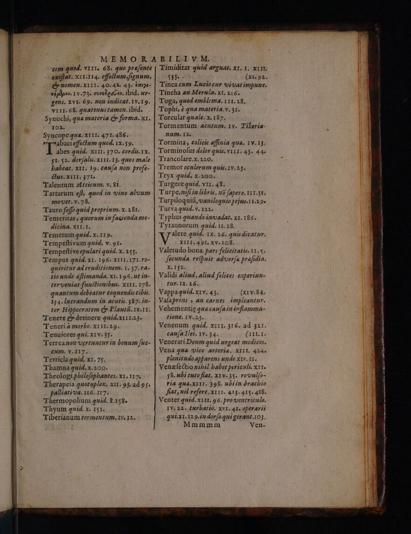 ο P cesa qttod. v111. 68. quo prafente exiflat. x11.114. effetium,fignum, gh» nomen. X111. 40.4. 43. t754- -eépdpov. IV.73. συνεδρσὺ ον. ibid. zr- gens. Xv. 69. 303 indicat. 1v. 19. v11I. 68. quatenus tamen. ibid. Synochi, qua zmatería v forma. x1. 102. Syncope qua. x111. 471.456. abaci effecfum quod. 1x.59. joo quid. x111. 370. cordá. 1x. $1. 52. dor[alis. xu11. 13. quos zmale babeat. x11. 19. can[a non. profe- &amp;us, XIII, 171. Talentum z£zzicum. v. 81. Tartarum' eff, quod in vino alvum 270708t. V. 78. Tauro feffo quid proprium. x. 181. Temeritas quorum in faeiendA me- Temetum qzid. x. 119. Tempeftivum quiZ. v. 1. Tempeftiveepulari quid. x. 155. Tempus 44d. ΧΙ. 196. XI11.171. re- quiritur ad eruditionem. 1. 37. vA- 1io unde aflimanda. xx. 1 96. ut 1n- terveniat funclionibus. x11. 178. quantum debeatur coquendis cibis. 154. lucrandum in acutis. 387. in- ter. Hippocratem i Plauti. 1x.11. Tenere £^ detinere quid. x111.23. 'Teneriz morbo. X111.29. T'enuiores 44. X1v. 37. Terreazon verzuntur in bonum fuc- Cum. Y. 117. Terricla ud, x1. 75. Thamna 44i. x. 200. Theologi p5bilofophantes. ΧΙ. 117. Therapeia quotuplex. ΧΙ. 93. ad 95. palliativa. 116. 117. Thermopolium 442. X.158. Thyum qid. x. 151. Tiberianum £orgaentum. 1v. 12. Timiditas 4427 Arguaz. ΧΙ. 1. ΧΙ ΤΠ, $35. - (xt. 92. Tinca cum Luciocur *viuat impune. Tincha a2 Merula. ΧΙ, 216. Toga, quod emblema. 111. 28. Tophi, à qua materia. v. 31. Torcular q44/e. x. 187. Tormentum 464247. 1Y. Tileria- num. 12. Tormina, colicis affinia qua. 1v.13. Torminofus dolor quis. v111. 43. 44. Trancolare.x. 220. Tremor oculorum quis. 1v. 23. Tryx quid. x.200. Turgere quid. ντι. 48. Turpe,zifr in libris , n9 (pere. 11.31. Turpiloquiü,vaniloquio pejs-11.2.9. Turva Aid. v. 122. Typhus quandoinvaAdat. xx. 186. ας ΙΧ. 26. quisdicatur. XIII. 491, Xv. 108. Valetudo bona, pars felicitatis. 11. 5. fecunda retpuit adcver(a pra[idia. TIP Validi Aliud, Aliud felices experiun- Iur.IX. 26. Vappaquid. xtv. 41. (x1 v.84. Valaprius » an carnes impleantur. Vehementie quacan[a in inflamma- Lione. 1Υ. 22. Venenum quzid. ΧΙΙΙ. 216. ad 321. cau[a Ilet. Yv. 34. (1x11. Venerari Deum quid urgeat medicos. Vena qu vice. Arteria, XI1l. 424. plenitudo apbarens unde xi. 11. γεηασ/{εξτίο nibil babet periculi. x1r. $8. ubi tuto fiat. X1v.35. revuulfo- ria qUA.XITI. 398. ubi in brachio fiat, nil refert. ΧΙΤΙ. 413. 415. 418. Venter quid. x11t, 96. pro-ventriculo. IV. 22. £HT ALIO. XVI. AI. operaris qut.x1.129.22 dorío.qui gerant.103. Mmmmm Ven- aic ascia ; ο A cs μυ μας ο 0 Ropa c^ 74 no ο... is RARI IER (dolendi cd n σσ σοκ ο MN PG μα SE ibis Nri e TRES Je itg RSS