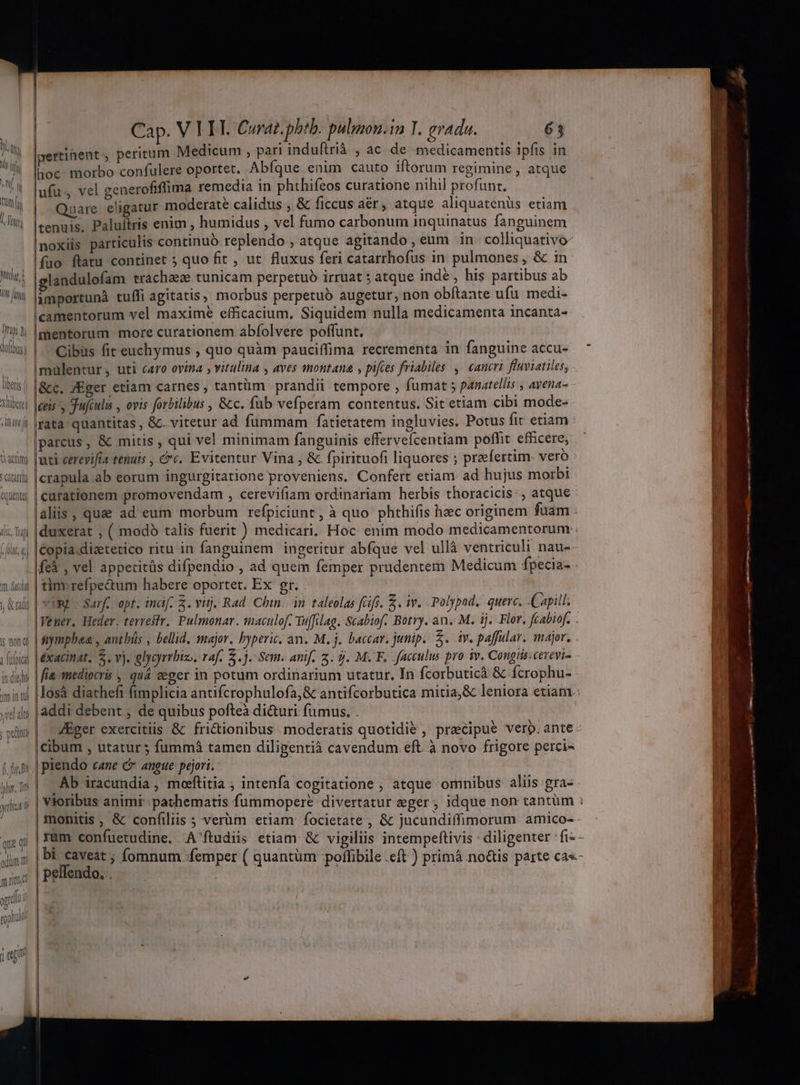 Jripi ] J dofibugi libe Xhibere] yo D muda lr nona :fufpi i deo m in til yid alte i yia i que oduim m m ritu yd l rophi TCU | Cap. V VEL Curdr.pbtb. pulinon.in T. gradu. 63 pertinent , peritum Medicum , pari induftrià , ac de medicamentis ipfis in lhoc: morbo confulere oportet. Abíque enim cauto iftorum regimine , atque lufu vel generofiffima remedia in phthifeos curatione nihil profunt, | Quare eligatur moderate calidus , &amp; ficcus aér, atque aliquatenüs etiam tenuis, Paluitris enim , humidus , vel fumo carbonum inquinatus fanguinem Inoxiis particulis continuó replendo ; atque agitando, eum in colliquativo- |fuo ftatu continet ; quo fit, ut fluxus feri catarrhofus in pulmones, &amp; in glandulofam trachaeze tunicam perpetuo irruat ; atque inde , his partibus ab limportunà tuffi agitatis, morbus perpetuó augetur, non obftante ufu medi- Icamentorum vel maxime efficacium. Siquidem nulla medicamenta incanta- mentorum more curationem abíolvere poffunt. Cibus fit euchymus , quo quàm pauciffima recrementa in fanguine accu- malentur, uti caro ovina ; vitulina , aves anontana , pifces friabiles cancri fluviatiles, &amp;c. /Eger etiam carnes , tantüm prandii tempore , fumat s panatellis , ayena- E » J'ufiulis , ovis forbilibus , &amp;cc. füb vefperam contentus. Sit etiam cibi mode- - rata quantitas , &amp;c. vitetur ad fummam fatietatem ingluvies. Potus fit etiam parcus , &amp; mitis , qui vel minimam fanguinis effervefcentiam poflit. efficere, |uti cerevifia tenuis , &amp;*c. Evitentur Vina , &amp; fpirituofi liquores ; preefertim- vero |crapula ab eorum ingurgitatione proveniens. Confert etiam ad hujus morbi Copia.diztetico ritu in fanguinem | ingeritur abfque vel ullà ventriculi nau-. | timmrefpectum habere oportet. Ex gr. VYRE- Sarfe opt. indf. 3. vij. Rad. Chin. in taleolas fcifs. £. iv... Polypod,. quere. Capill gympbea , antbís , bellid. major. byperie. an. M.j. baccar. junip. Z. tv. paffular. major. | fia mediocris , quá eeger in potum ordinarium utatur. In fcorbuticà &amp; fcrophu- addi debent ; de quibus pofteà di&amp;uri fumus. . |cibum , utatur 5 fummá tamen diligentià cavendum. eft. à novo frigore perci- | prendo cane c angue: pejori. | Vioribus animi: pathematis fummopere divertatur zeger ; idque non tantüm | pelfendo...