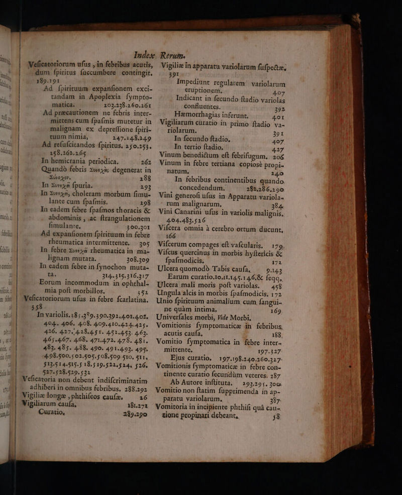 A | - dum fpiritus füccumbere contingit. 189.191 ; Ad fípirituum expanfionem exci- tandam in Apoplexia fympto- matica. 203.238.260.261 Ad preecautionem ne febris inter- mittens cum fpa(ímis mutetur in | malignam ex depreffione fpiri- | tuum nimia, 247.148.24.9 Ad reíufcirandos fpiritus, 150.255. 158.262.265 In hemicrania periodica. 262 Quando febris xu«yà; degenerat in Xvoxor. 288 | In zvreyà fpuria. 293 In Xw*xy8, choleram morbum fimu- | lante cum fpafmis. 298 In eadem febre fpafmos thoracis &amp; abdominis , .ac firangulationem | fimulante. 300.301 | Ad expanfionem fpirituum in febre rheumatica intermittente. 305 In febre zv«»&amp; rheumatica in ma- lignam mutata. 308.309 L—— ——— ÀHA DÀ In eadem febre in fynochon muta- ta. 3144.315.316.317 Eorum incommodum in ophthal- mia poft morbillos. 5i Veficatoriorum ufus in febre fcarlatina. 358 In variolis.18;.389.390.392. 401.402, 494. 406. 4.08. 409.410.4.2 44.425. 426. 427. 428.4. 5 1. 452.452. 463. 4.65 4.67. 4,68. 471.472. 4.78. 481. 483. 485. 488. 490. 491.4.93. 495. 4.98.500. 02.505. 508.509.510, £11, 527.528.529. 522 Veficatoria non debent indifcriminatim adhiberi in omnibus febribus. 288.292 Vigili longe ,phthifeos caufz, 16 Vigiliarum caufa, 181.271 Cuzatio, 289.290 Rerum. Vigiliz in apparatu variolarum fufpe&amp;z, mel 391 Impediunt regularem! variolarum t eruptionem. 4.07 Indicant in fecundo ftadio variolas confluentes. 392 Haemorrhagias inferunt. 401 Vigiliarum cüratio in primo fladio va- riolarum. 391 In fecundo ftadio, 407 In tertio ftadio, 27 Vinum benedi&amp;um eft febrifugum. 206 Vinum in febre tertiana. copios? propi- natum. 24.0 In febribus continentibus quando concedendum. 282.286.290 Vini generofi ufus in Apparatu variola- rum malignarum, 384 Vini Canarini ufus in variolis malignis, 4.04.4832. 526 Vifcera omnia à cerebro ortum ducunt, 166 Vifcerum compages eft vafcularis, — 179. Vifcus quercinus in morbis hyfítericis &amp; fpafmodicis. 172 Ulcera quomodó Tabis caufa, |^ 9.143 Earum curatio.10.11.145.1 46.&amp; feqq, Ulcera mali moris poft variolas. 458 Ungula alcis in morbis fpafmodicis. 172 Unio fpirituum animalium cum fangui- ne quàm intima. 169 Univerfales morbi, Vide Morbi. Vomitionis fymptomatice in febribus, acutis caufa, 188. Vomitio fymptomatica in fébre inter- mittente, 197.327 Ejus curatio, 197.198.240.260.327- Vomitionis fymptomatice in febre con-  tinente curatio fecundüm veteres. 287 Ab Autore inftituta. — 293.295. 306 | Vomitio non ftatim füpprimenda in ap- paratu variolarum, 387- Vomitoria in incipiente phthifi quà cau-. tione propinari debeant, $58