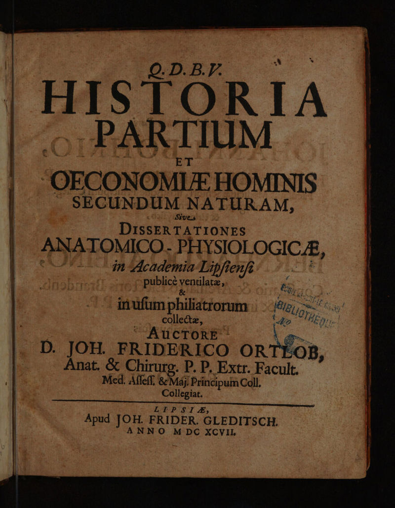 Q.D.B.F. PARTIUM | Srves - DISSER TATIONES in Academia Lipfi m DRM Y ventilatz, inufum philistorum . colle&amp;z, | AUCTORE Med. Affeff. &amp; Máj. Principum Coll, imis amd ANNO MDC XCVIL