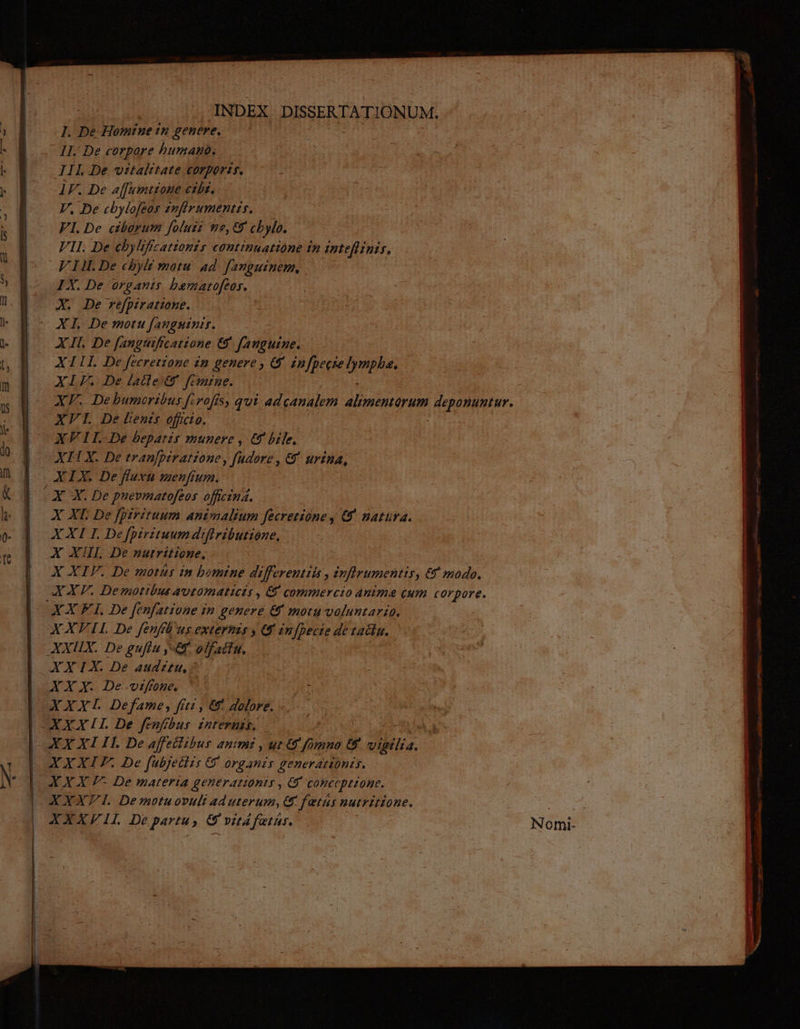 jn ——— | PS INDEX. DISSERTATTIONUM., J. pe Homine In genere, - RUE : 2! 7; phon  H. De corpare D MES t dd : ^ LU ER or^ og 1 HB De vitalitate corporis. da Cui sept ubt ERE cu ue -dF. De affemttone « DEG os P NI ISO S SUD V, Be cbylofeor znfirumentés, 00 aS e FI. De ciborum foluii 7^, 8 cbylo. Eur recom m | | VI. De cbylificationi continuatione n inteflinis, poo Mm |  : FIILELDe cbylé motu. 4d fanguinem, | AE INEO | IX. De organir beratoféos SE AT Be Dptktananb. ult uu TVESIR XL De motu fanguinis. Dau vr qut XII. De fanguificatione 6 fanguine. MOM t | XII. De fecretione ip genere , G infjeelynphe, Der dew dC XA De late &amp; femine. | 2 | S al XF.. Debumoribus f:voffs, qui. 4d anale alimentorum Agpomntur X4 LA L Delenis oficio. XFIIL De hepatis munere , Wo AUR XH X. De tran[piratione, Judore, il urind, | QXIX. De fluxu menfium. |... CX X. De puevmatofeos. offind. ! X XI. De fpirituum animalium fécretione y e HAUT. UY AXXI I. De fpiritum diflributione, - Poecs dM X Xil De putritione, - x X XIV. De motás in bomine p aen. , dnfirumentis, e sh XX. Dermotibus automaticis , &amp; COTIMEr C20 Anl CM) corpore. EY Y: E I. De fenfatione in | genere. &amp; mora voluntario. — XXFIL De fenfit d ur externas y [2 ls M Lir us AM E MA XXUX. De guffu y I olfattu. dua (date Mte Ine. DM esed XXIX. De auditu; ERDBUE 2 3i NE. WupLc MAN TS XXX. De vifone. s BEIC Lan P to E NE XXx1 De fame, ftt; € dolre. T ise à » f dut et OXXXII De fenfbus DUIS C Lu UM NS XX XI IH. De affeilibus autmi , ut d y E Fd Arg. De fabjettzs €&amp; organzy generationis. | wg XX F- De materia generationts , ey conccpetone. d XXV Demotuovuli ad uterum, 6 fetis nutritione. x X X El l De vig , e VitÁ Urt |