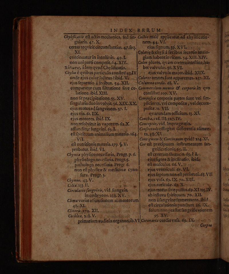certas reqvirit circumftantias, 47.feq. Manncadrin Inteflinis. 49. T. non uni parti competit, 64. XIV. XÓ omis idem qvod Chylificatio, Chylu« € qvibus particulis confte?43.V |. unde ejus color la&amp;teus ? ibid. V. ejus feparatio à fecibus. 54.. XII. eR UpATtUE cum filtratione five co- latione.ibid. XL — ^, | non fit przcipitatione. 55. X V. fingularia duo involvit. 56. ws xx. ejus motusad fangvinem.;57. I. Tb ejus Via. 6L IX... f ejus motores. ibid. IX. M nonrefolviturin vaporem. 62.X. bi affunditur fangvini. 65. L. Y eftfpirituum apimálium materia. 164. E VIL : du d eft nutritionis materia. 179. S. Y. d probatur. ibid. VI. Cbymia phyficoneceffaria, Progr. p. 6. - phyfiologo neceffaria. Progr.s. pathologo neceffaria. Progr. 6. | non eft phyfice &amp; medicina cyno- Uu fura. Progr. 5. MR | (0 Cbymut. 43. V. m Cilia. 233.1. ism E Circulatzo fangrinis, vi vid. TR ron in embryone. 268. XV.. Clima variataffümtionem alimentorum. 48« XI. Clitoris. 270. XII, Cocblea. 218. V. e^ iE ] i Wi  E ejus fignum: 56. XVL. MIA L2 giam habentin vicem. 54. XII. XIV. bet valvulas. 56. X VI. ejus valvula major. ibid. XIX. confiftat 200. XV. pliciores, vel compofitz ; vel decom- pofitz.u. VIE. 55 qvarundam officium. nj. Xl. ta. 28 XT ; gvificationis.65. H. eft centrumthoracis;-65: T T. -ejüs figura &amp; inclinatio. ibida eft mufculus. 66. V. ; ejus ventriculi. 67; Ms ejus feptam noneft aav ejus vafa. 69. IX. MP. ejus auriculz. 69; X. Po ejus motus fivepulfus, 69. XI 195. IV. abinfluxu fpiritaum.; 70. XII. non àfangvine fermentante. ibid. eft circulationis punctum 86. FX. folum non praflat fangyifcationem 95. XV. M LbE La 4 [: hin I e Csiy fa (itin Ctt e| fif