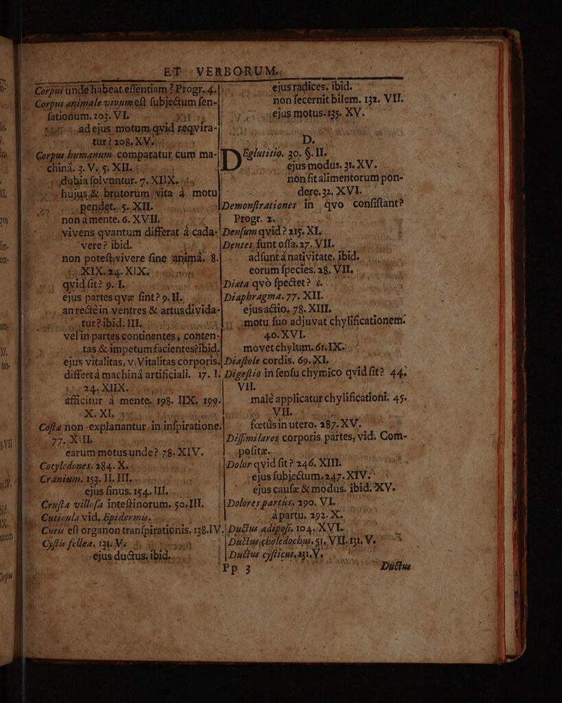 m HT Tet tür?298.XV...... 3 D. ! Corp humanum comparatur cum ma- pe 30. S.L. . chiná. 2. V. 5. XII. ;.: ejusmodus. 21. XV. 5: dubia folvuntur. 7. XIX. /i« - 'nonfitalimentorum pon- » » hujus&amp; brutorum | vita i motu| derez. XVL pendet. 5. XH. soo plDemonfirationes in | qvo. confi flant? vivens qvantum differat á cada- Denfum qvid? 15. XI. vere? ibid. (£5 Dentes funt offa. 27. VIL non tm aa fine animá. 8. adfunta nativitate. ibid. XIX.24. XIX. : ien eorum fpecies. 28. VII. ' qvid it? 9. I. | .IDiata qvo fpectet? 1. . ejus pattesqve fint?9.M. ....— |Diapbragma. 77. XI. anredéin ventres &amp; artusdivida-| ^ ejusacio. 78. XIII, . tur?ibid, Il... ssl; motu fuo adjuvat chylifcationem: velin partescontnentes conten- 40. XVI. tas &amp; impetum facientes?ibid. movetchylum. ór. IX. ejus vitalitas, v: Vitalitas corporis.|.Dz4//ole cordis. 69. XI, differtà machiná artificiali. i7. |. Dégeftio in fenfu chymico qid fit? 44 24. XIX. ni VIL. afficitur à mente, 198. IIX. 199. malé applicatur chylificationi. 45. XXL TAB , PIS : fcetüs in utero. 287. XV. 77. XML Diffmilares corporis partes, vid. Com- |. ^ earum motusunde? 78. XIV. ad .pefitz. Cotyledones: 384.. X. | || Dolor qvid fit? 246. XIII. Craniuim. 13. 1. HI. . 8 | ejus fübje&amp;um. 247. XIV. ejus finus. 154. IIT. | ||. ejus caufz &amp; modus. ibid. Ve Crufla villofa inteftinorum, 5o.1Hl. — | | Dolorer partís, 290, VI. p Cuticula vid. Epidermis. ... apartu. 292. X. * Cutis eft organon e dio 138. IV.!Duiius adipofr. 04. XVI. Cyflis fln. IMs: i - [Dnétuseheledocbus 5i. VH. BV ; -..ejus du&amp;us.ibid...- B offici gu N e | d. | DONO ue