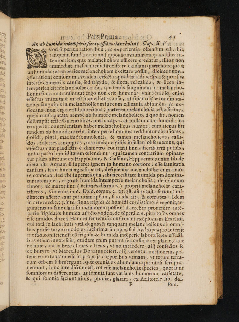 ipiarocPalsiBrimarkssot 0 44i An ab bumida intethpérie fevipo/ft melancbolia? Cap. Wi 6 prec d] Vod fuperius rationibus , &amp; experientia oftenfum. eft ,. hic L1 iW tanquam fundámentum fupponatur,nimirum quamiibet 1n- Ys JB temperiem, quz melancholiam efficere credatur ; illius. non ENS a immediatatu, fed mediatáexiftere cauíam; quarentes-1gitug anhumida intempettes melancholiam excitare poflit ,- dicimus non, efie rationi confonum;, vt. idem effectus prodeat à diuerfis ;; &amp; prorfus interfe contrarijs caufis; fed frig:da , &amp; ficca, velcalida, &amp; ficca in- temperies eft melancholiz caufa, quatenüs fanguinem in. melancho- licum fuccum tranfmutat ergo non erit humida; vniuscuivfq. enim effeGus vnica tantum eft immediata caufa. at fi jam dicte tranfmuta- tionis fanguinis in melancholicum fuccum eft caufa abfumés;.&amp; ex- ficcahs ,non ergo erit'hümectans ; prxterea melancholia eft affe&amp;us , qui à caufa putata nempéab humore mela&amp;cholico, 3 quo fit nomen defompfit tefte Galenolib. 2. meth. cap.2. at nullam cum humida in temperie conuenientiam habet melancholicus humor, cum ficeus fit tandém ab humida cerebri intemperie homines redduntur obtufiores , 4tolidi, pigri, maximé fomnolenti, &amp; tamen melancholicos , calli- dos , folertes , impigros , maximéq: vigilijs infeftari obferuamus; qui effe&amp;us cum predictis. € diametro contrarij fint ;. ficcitatem potiüs y nullo pacto hnmiditatem oftendunt ; Qui tamen contrarium opinans tur plura afferunt ex Hippocrate, &amp; Galeno, Hippocrates enim lib.de dieta ait; Aquam fi fuperet ignem in humano corpore ; effe fatuitatis. caufam , fi ad huc magis fupcret ,; defipientis melancholie cüm timo- re connexa , fed vbi fuperataqua , ib1 neceflitate humida predomina- tur intempies , ergoab liumida intemperie melancholia ; :deirde cum timor ;.'&amp; mezror fint. ( vttotiés diximus ) proprij melancholiz cara- é&amp;heres ; Galenus in 6. Epid. comm. 2. tit: 28. ait pituitz ferum timi- ditatem afferré ,aut pituitam ipfam , fi acida. fit, &amp; corrupta ; Idem in arte mcd.c.3,.iuter figna frigidi. &amp; hümidi cordistimore reponit,ar- gumentum fane clariffimü,timorem poffe ét à cerebro prouenire. inté- perie frigida; &amp; humida affc&amp;o vnde 2.de téperá.c.6. pitnitofos omnes effe timidos docet; Hanc ét fententiá confirmant exéplo;nám Eraclitü, qui totá in lachrimis vitá deguit,&amp; tanquam melanckolicus ab omni- bus profertur,nó modo ex lachrimarü copia, fed hydrope.quo interijt torbo,;conijciendà eftfrigida.&amp; humida intéperie laboraffe;ex effecti. bus etiam innotefcit, quidam enim putant fe conftare ex glacie, aut ex niue ; aut habere clunes vitreas ; vt nojintíedete , alij confed&amp;os fe ex butyro, vt Marcellus Donatus refert, alij verentur mictionem, pu- tant enim tantam efle in proprijs corporibus vrinam , vt totum tcrra- rum orbem fobmergant ;quz omnia ex abundantia pituitofi fcri prc- ueniunt , hinc iure di&amp;um ett, tot effe melancholia fpecies ,, quot funt fomniorum differentie , at fómnia funt varia ex humorum. varictate, &amp; qui fomnia faciunt niuis, pluuiz, glaciei ; ex Ariftotele ils de» [9 om.