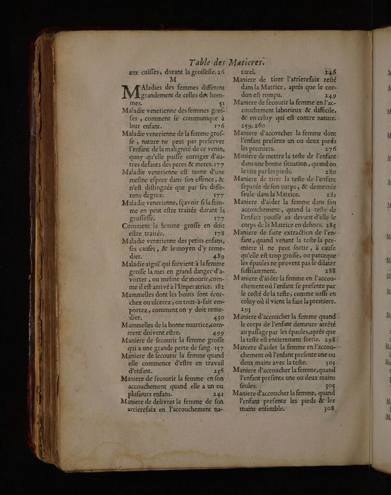 aux cuifles, dutant la groifefle. 26 Aladies des femmes different grandement de celles ds hom- mes. SI Maladie venerienne des femmes grof- fes ; comment fe communique à leur enfant. 176 Maladie venerienne de la femme grof- fe, nature ne peut pas preferver l'enfant de la malignité de ce venin, quoy qu’elle puifle corriger d’au- tres defauts des peres &amp; meres.177 Maladie venerienne eft toute d’une mefine efpece dans fon eflence, &amp; n'eft diftinguée que par fes diffe- rens devrez. 177 Maladie venerienne, fçavoir fi la fem- me en peut cftre traitée durant la groffeffe. 77 Comment la femme groffe en doit éftre traitée. 178 Maladie venericnne des petits enfans, fes caufes , &amp; lemoyen d’y reme- dier. 489 Maladie aigué qui futvient à la femme groffe la met en grand danger d’a- vorter ; ou mefime de mourir,com- meileftarrivé à l'Imperatrice. 182 Mammelles dont les bouts font écor- chez ouulcerez ; ou tout-à-fait em- portez, comment on y doit reme- dier. 430 Mammelles de la bonne nourrice,com- ment doivent.eftre. 499 Maniere de fecourir la femme groffe qui a une grande perte de fang. 157 Maniere de fecourir La femme quand elle commence d’eftre en travail d'enfant. 236 Maniere de fecourir la femme en fon accouchement quand elle a un'ou plufieuts enfans. 241 Maniete de delivrer La femme de fon arriercfaix en l'accouchement na- turel. 246 Maniere de tiret l’atrierefaix refté dans la Matrice, aprés que le cor- don eft rompu. 24 Maniere de fecourir la femme en l’ac- couchement laborieux &amp; difficile, &amp;:enceluy qui eft contre nature. 259.260 Maniere d’accoucher la femme dont l'enfant prefente un ou deux pieds lés premiers. 276 Maniere de mettre la tefte de l'enfant dans une bonne fituation , quand on letire parles pieds. 280 Maniere de tirer la tefte de l'enfant feparée de {on corps, &amp; demeurée feule dans la Mätrice, 231 Maniere d'aider la femme dans fon accouchement, quand la tefte de l'enfant poufle au devant d’elleile corps dela Matrice en dehors. 285 Maniere dé faire extraction de l’en: fant ; quand veñant la tefte la pre- imiere il ne peut fortir, à caufe qu'elle eft trop groffe, ou parceque les épaules ne peuvent pas fe dilater fufifamment. 288 M äniere d’aider la femme en l’accou- chement où l'enfant fe prefente par le cofté dela tefte; comme aufli en celuy où il vient la face la premiere. 293 Maniere d’accouchet la femme quand le corps de l’enfant demeure arrêté au paflage par les épaules,aprés que la tefte eftentierement fortie. 298 Maniere d’aider la femme en Paccou- chement où enfant prefente une ou deux mains avec la tete. 303 Maniere d’accoucher la femme,;quand enfant prefente une ou deux mains feules. 30 Maniere d’accoucher la femme, quand l'enfant prefente les pieds &amp;c les mains eñfemble. 308 M
