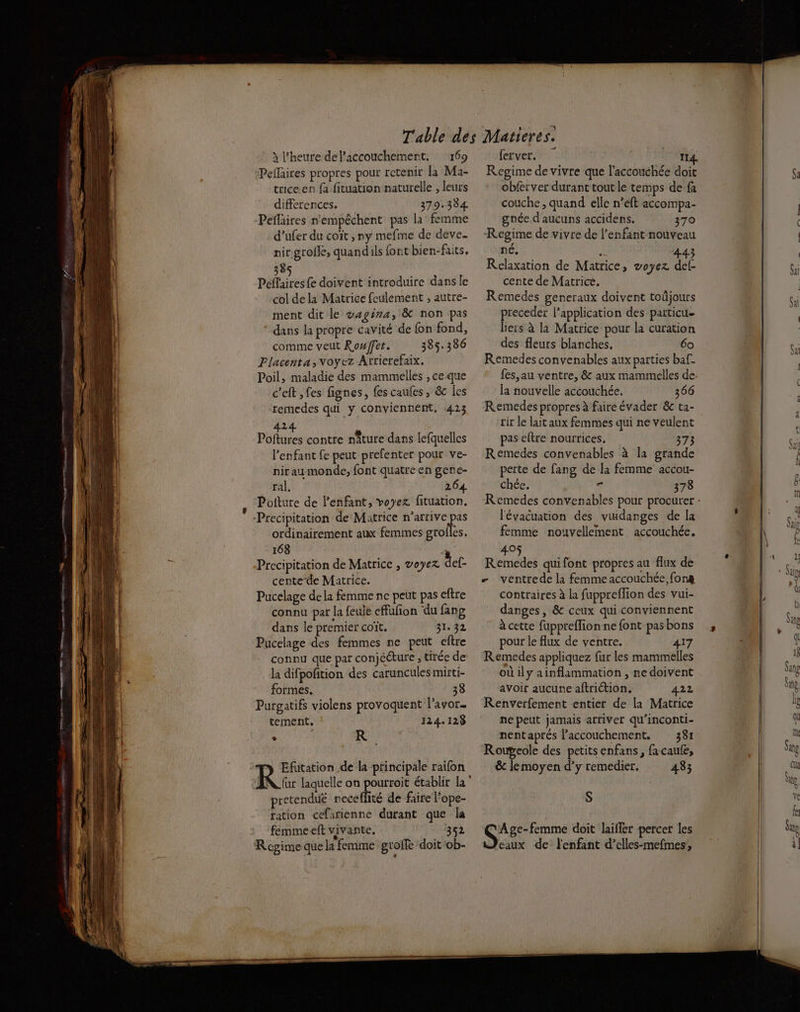 Peflaires propres pour retenir la Ma2- tuceen {à fituation naturelle , leurs differences. 379.384 Pefläires n'empêchent pas la femme d’ufer du coït , ny mefme de deve. nirgrofle, quandils font bien-faits. 385 Peflaires fe doivent introduire dans le col de la Matrice feulement , autre- ment dit le vagira, &amp; non pas dans la propre cavité de {on fond, comme veut Rowffer. 385.386 Placenta, voyez Arrierefaix. Poil, maladie des mammelles , ce que c'eft ,fes fignes, fes caufes , &amp;c les remedes qui y conviennent, 423 424 H Poftures contre nature dans lefquelles l'enfant fe peut prefenter pour ve- nirau monde, font quatre en gene- ral, 264 Potture de l'enfant, voyez fituation. Precipitation de Matrice n'arrive ne ordinairement aux femmes grofles. 168 Precipitation de Matrice , voyez def- cente-de Matrice. Pucelage dela femme ne peut pas eftre connu par la feuie effufon du fang dans le premier coït. 31.32 Pucelage des femmes ne peut eftre connu que par conjééture ; tirée de la difpofition des caruncules mirti- formes. 33 Purgatifs violens provoquent l'avor- tement. 124.128 . LS EÉfütation .de la principale raifon R laquelle on pourroit établir la” pretenduë neceffité de faire l’ope- ration cefarienne durant que la femmeeft vivante. 352 R cgime que la femme grofle doit ob- Regime de vivre que l’accouchée doit obferver durant tout le temps de fa couche, quand elle n’eft accompa- gnée d'aucuns accidens. 370 Regime de vivre de l’enfant nouveau né. re 443 Relaxation de Matrice, voyez def- cente de Matrice. Remedes generaux doivent toûjours preceder l’application des particu liers à la Matrice pour la curation des fleurs blanches, 60 Remedes convenables aux parties baf- fes,au ventre, &amp; aux mammelles de la nouvelle accouchée. 366 Remedes propres à faire évader &amp;c ta- rir le lait aux femmes qui ne veulent pas eltre nourrices. 373 Remedes convenables à la grande perte de fang de la femme accou- chéc. * 378 l'évacuation des vuidanges de la femme nouvellement accouchée, 2} Remedes qui font propres au flux de - ventrede la femme accouchée, fonæ contraires à la fuppreflion des vui- danges, &amp; ceux qui conviennent à cette fuppreflion ne font pas bons pour le flux de ventre. 417 Remedes appliquez fur les mammelles où ily ainflammation , ne doivent avoir aucune aftriétion. 422 Renverfement entier de la Matrice ne peut jamais atriver qu’inconti- nentaprés l'accouchement, 381 Rougeole des petits enfans, facaufe, &amp; lemoyen d’y remedier. 433 S Gin doit lailler percer les eaux de l'enfant d’clles-mefmes,