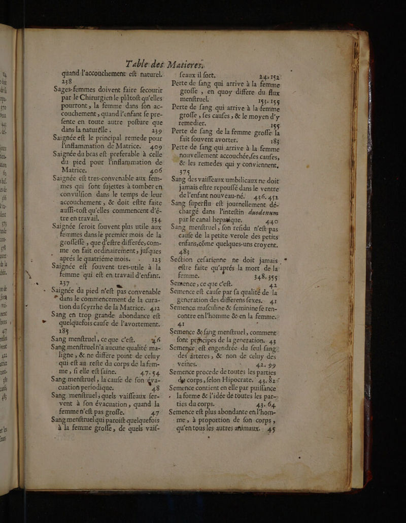 238 Sages-femmes doivent faire fecourir par le Chirurgienle phitoft qu'elles pourront ; la femme dans {on ac- couchement , quand l'enfant fe pre- fente en toute autre pofture que dans la naturëlle . 239 Saignée eft le principal remede pour linflammation de Matrice. 409 Saignée du bras eft preferable à celle Matrice, 406 Saignée eft tres-convenable aux fem- mes qui font fujettes a tomber en convulfion dans le temps de leur accouchement , & doit eftre faite auffi-toft qu'elles commencent d’é- treentravail, 334 Saionée feroit fouvent plus utile aux femmes dansle premier mois de la grofleffe , que d’eftre differée, com- me on fait ordinairement, jufques aprés le quatriéme mois. . 123 Saïgnée eft fouvent tres-utile à la femme qui eft en travail d'enfant. 2er “e Saignée du pied n’eft pas convenable # dans le commencement de là cura- tion du fcyrrhe dela Matrice. 412 Sang en trop grande abondance eft quelquefois caufe de l'avortement. 135 Sang menftruel, ce que c’eft. 26 Sang menftruel a aucune qualité ma- ligne , & ne différe point: de celuy qui eft au. refte du corps de la fem- me , fi elle eft faine. 47:54 Sang menftruel ; la caufe dé fon éva- cuation periodique. 48 Sang. menftruel; quels vaifleaux {er- vent à fon évacuation, quand la femme n'eft pas groffe. 47 Sang menftruelqui paroift quelquefois à la femme groffe, de quels vai feaux il fort, 243152 Perte de fang qui arrive à la femme grofle ; en quoy differe du flux menftruel. 153-155 Perte de fang qui arrive à la-femme groffe , fes caufes , & le moyen d’y remedier. 155 Perte de fang de la femme groffe la fait fouvent avorter. 183 Perte de fang qui arrive à la femme nouvellement accouchée,fes cauf. es, & les remedes qui y conviennent, 375 Sang des vaiffeaux umbilicaux ne doit jamais eftre repouffé dans le ventre de l'enfant nouveau-né. 436.45» Sang füperflu eft journellement. dé- chargé dans linteftin dyodenum par le canal hepaique. 44 Sang menftruel, fon refidu nef pas caufe de la petite verole des petits enfans,côme quelques-uns croyent, 483 eftre faite qu'aprés la mort de la femme. 348.355 Semence; ce que c'eft. 42 Semence et caufe par fa qualité de la geñeration des differensfexes.… 41 Semence: mafculine & feminine {e ren- contre en l’homme &s en la femme. 41 Semence &{ang menftruel, comment font prihcipes de la generation. 43 Semence: eft engendrée. du feul fang des ärteres, & non de celuy des veines. ‘ 42, 99 Semence procede de toutes les parties Semence contient en elle par puiffance » la forme &c l’idée dé toutes les pat-- ties du corps. 43. 64. Semence eft plus abondante en l’hom- me; à proportion de fon corps ; qu'entous les autres animaux. 45 * rm De ns nee D mr. En M Sono 6 ER APR Es E