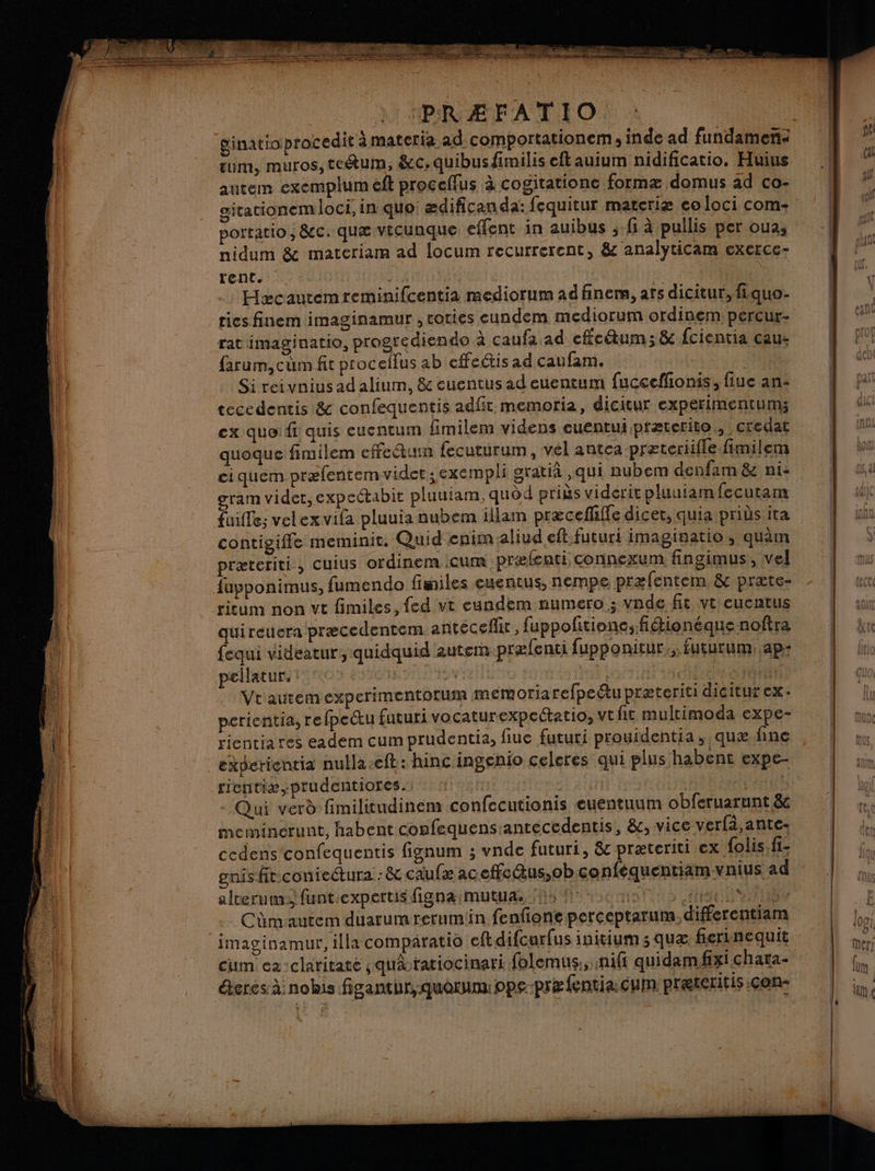 at PERS LP pet :4 + F RATES Si EE . ras irait see PSE ER ture 2 Z É sms : es [SES um, muros,te&amp;tum, &amp;c, quibusfimilis cftauium nidificatio. Huius autem exemplum eft proceflus à cogitatione formæ domus ad co- portatio ; &amp;c. quæ vtcunque effent in auibus ; fi à pullis per ouas nidum &amp; materiam ad locum recurrerent, &amp; analyticam exerce- rente 0e ie | ù PO NE Hæcautemreminifcentia mediorum ad finers, ars dicitur, fiquo- tics finem imaginamur , coties eundem mediorum ordinem percur- rat imaginatio, progrediendo à caufa ad cffcétum; &amp; fcientia cau: farum, cum fit proceilus ab effectis ad caufam. AQU Si reivnius ad alium, &amp; euentus ad euentum fuccefhonis, fiue an: tecedentis &amp; confequentis adfit. memoria, dicitur experimentum; cx que: fi quis euentum fimilem videns euentui præterito., credat quoque fimilem effectun fecuturum, vél antea præteriifle.fimilem ci quém præfentemvidet ;exempli gratià ,qui nubem denfam &amp; ni: gram videt,expectabit pluuiam, quôd pris viderit pluutam fecutam fuille; velexvifa pluuia nubem illam præcefhife dicet, quia prids ita contigifle meminit. Quid enim aliud eft futuri imaginatio, quèm præteriti, cuius ordinem Cum præfenti connexum fingimus, vel quireuera præcedentem. anteceflir , fuppoñtione; fiionéque noftra fequi videatur;, quidquid autem præfenti fupponitur., fucurum ap: Vtautem experimentorum memoriarefpeëtu præteriti dicitur ex - perientia, refpeŒu futuri vocaturexpeétatio, VE fit multimoda expe- rientia res eadem cum prudentia, fiue futuri prouidentia, quæ.fine rientiæ,prudentiores. * | | SAR EAUT - Qui verd fimilitudiném confccutionis euentuum obferuarunt &amp; meminerunt, habent confequensiantécedentis, &amp;, vice verfà,ante- cedens'confequentis fignum ; vnde futuri, &amp; præteriti ex folis.fi- gnis fit.conieétura : &amp; caufæ ac effe@us,obconféquentiam vnius ad alrerum funt:expertis fignaæ:mutuas 14 {5000000 ses nt Cümautem duarumrerum'n fenfione perceptarum differentiam cum ca:claritate ,quätatiocinati folemus.; niff quidam fixichara- 1142