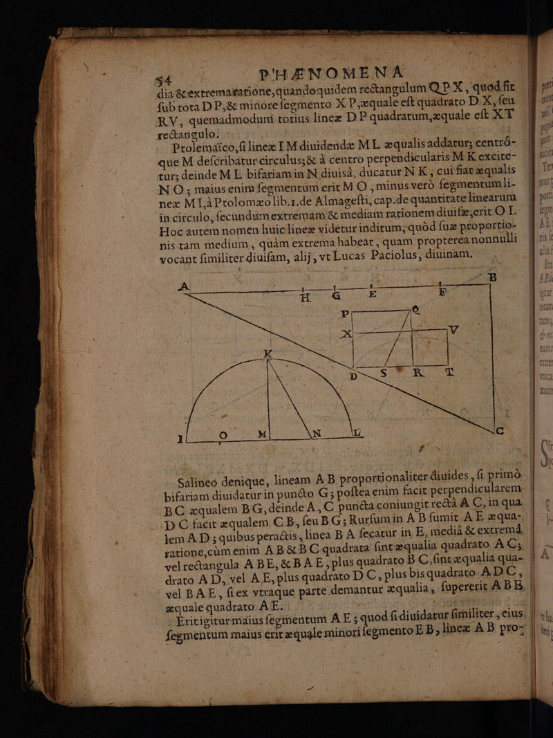 fub tota D P,&amp; minorefegmento X P ,æquale eft quadrato D X, feu RV, quemadmodunt totius lineæ D P quadratum,æquale eft XT retangulo: | | 1 Ptolemaïco. fi lineæ I M dinidendæ M L æqualis addatur; centrô- que M defcribatur circulus;&amp; à centro perpendicularis M K excite- turs deinde M E bifariamin N diuisà, ducatur NK, cui fiat æqualis N O ; maius enim fegmentum erit M O ,minus verd fegmentum li- nez MIàPtolomxolib.1.de Almagefti, cap.de quantitate Hnearum in circulo,fecundimextremam &amp; mediam rationem diuifæ,erit O L Hoc aurem nomen huiclineæ videcur indirum;quèd fuæ proportio- nis tam medium, quàm extrema habeat, quam propterea nonnulli vocant fimiliter diuifam, alij, vt Lucas Paciolus, diuinam. À Salineo denique, lineam À B proportionaliter diuides fi primo bifariam diuidatur in punéto G; poftea enim facit perpendicularem BC æqualem BG, deinde À ,C punéta coniungit recta À C, in qua lem À D ; quibuspera@tis, linea B À fecatur in vel BAE, fiex vtraque parte demantur æqualia, æauale quadrato AE. te ——— En de ———— — PRIT