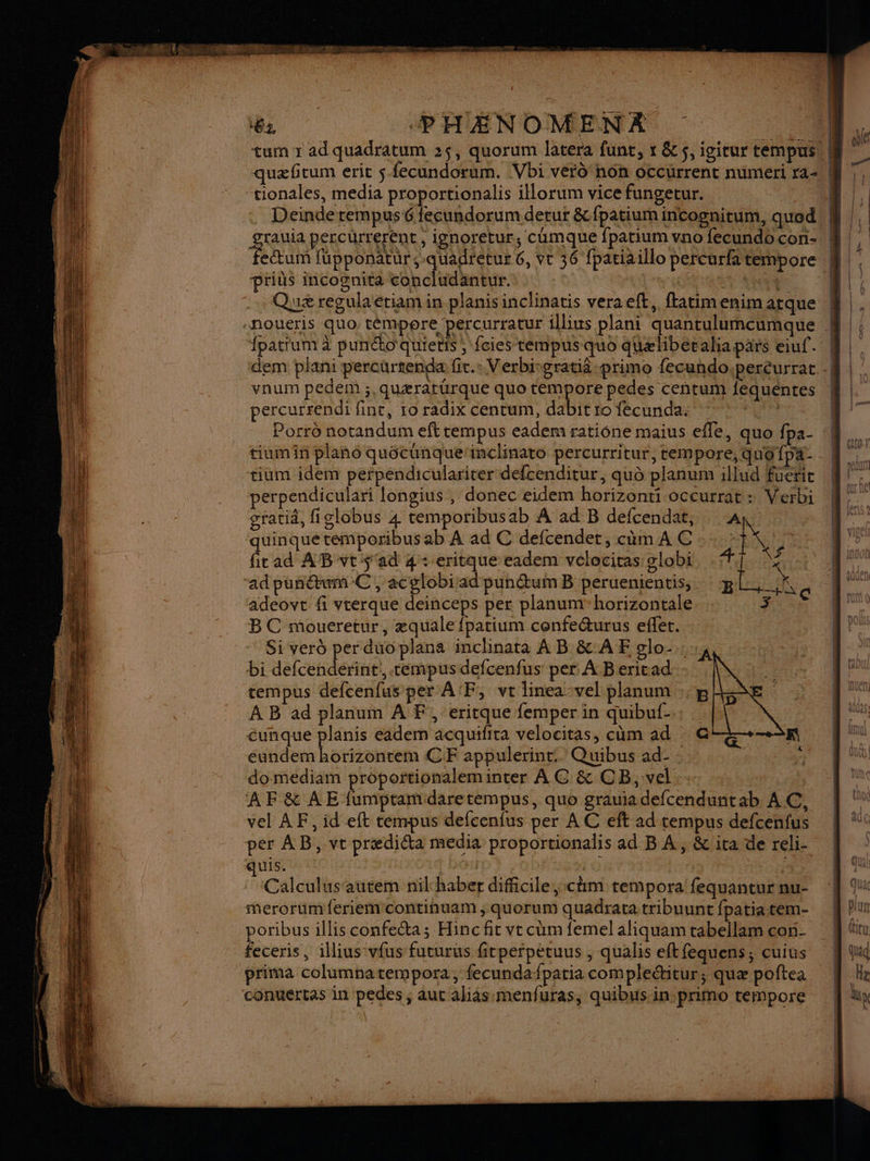 \&amp;2 PHEÉNOMENZX tum x ad quadratum 25, quorum latera funt, x &amp; 5, igitur tempus. quæftum erit $-fecundorum. Vbi vero hôn occurrent numeri ral “tionales, media proportionalis illorum vice fungetur. CR | Deinde rempus6 fecundorum detur &amp;fpatium incognitum, quod 4 | fans percurrerent, ignoretur, cumque fpatium vno fecundocon- ectum fupponatur,-quadretur 6, vt 36 fpatiaillo percurfatempore M priüs incognita concludantur. ÉRTRON AR |; .… Quæregulaetiam in planisinclinatis veraeft, ftatimenim atque | | |! “Noueris quo, témpore percurratur illius plani quantulumcumque # |. 1) | fpattum à punéto quietts ; fcies tempus quo quælibécalia pars eiuf. | ni | | | dem plani percürrenda Gt.: Verbirgratià primo fecundo;percurrat 4 |: ji vnum pedem ;,quærarürque quo tempore pedes centum fequentes | Fe | percurrendi fint, 10 radix centum, dabit 10 fécunda. | fi Porrd notandum eft rempus eadem ratiône maius effe, quo fpa- | tiumin plano quocunquermclinato percurritur, tempore, que fpa- | | Ji | tium idem perpendiculariter defcenditur, qud planum illud fueric 1. hi perpendiculari [ongius , donec eidem horizonti occurrat: Verbi | | l | gratid, figlobus 4 temporibusab A ad B defcendat, A ii quinque temporibus ab À ad C defcendet, cùm A C fitad AB vt:s'ad 4+eritque eadem vélociras globi, .] ad puntum C, acglobiad punum B peruenientis, adeovt fi vrerque deinceps per planum” horizontale BC moueretur, æquale fpatium confe@urus effet. Si verd per duo plana inclinata AB &amp; AE glo-::,4 bi defceadéritie, tempus defcenfus per À Beritad tempus defcenfus per A'F, vt linea-vel planum ::p QG À B ad planum A F, eritque femper in quibuf- PL: us cuñnque planis eadem acquifira velocitas, cûm ad ER [ eundem horizontem CF appulerint. Quibus ad- ù domediam proportionaleminter AC &amp; CB, vel L° AF &amp; AE fumptamidaretempus, quo grauiadefcenduntab AC, À vel A F, id eft tempus defcenfus per A C eft ad tempus defcenfus aq per AB, vtr prædiéta media proportionalis ad BA, &amp;itadereli- | quis. bou | Es EL Calculus‘autem nilhaber difiicile,:chm tempora fequanturnu- { merorumferiem continuam ; quorum quadrata tribuunt fpatiatem- f Pun poribus illisconfea; Hinc fit vt cm femel aliquamtabellam cor. feceris, illius-vfus futurus firpefpetuus , qualis eftfequens; cuius fl ly prima columnatempora, fecundafpatiacompleétitur, quæ poftea | LE conuertas in pedes ; aut aliàs:menfuras, quibus-in:primo tempore | |