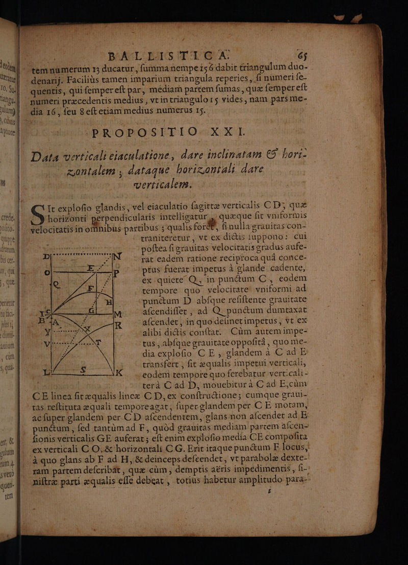 10 Ml! + temnumerum 13 ducatur , fuñima nempers 6 dabit triangulum duo- MR nl denarij. Facilius tamen imparium triangula reperies, fi numeri {e- 10, je quentis, qui femper eft par, médiam partem fumas,quæ fempereft “gt | numeri præcedentis medius, vtintriangulors vides, nam pars me- um) dia 16, feu 8eftetiam medius numerus 15. Lt | Cu De D ent | ele sh PROPOSITIO. XXI. Data verticali ejaculatione, dare inclinatam ES horc- .. .sontalem, dataque borizontals. dare béseruds verticalens. ' It explofo glandis vel eiaculatio fagittæ verticalis CD; quæ ÿ horizonti ne intelligatur , quæque fit vaiformis ! velocitatis in omnibus partibus ; qualis foret, inullagrauitas con- ne 5 ! tranitéretur, vt ex diétis {uppono: cul à nr poftea fi grauitas velociratis cradus aufe- D À ee REA à à UR © A 54 4 24 ie de TOP à rat eadem ratione reciyroca qua ee 4 0 E © Jp ‘ptus fuerat impetus à glande cadente, ex quicte Q, in punétum C, eodem : tempore quo velocitate vaiformi ad “punétum D abfque refiftente grauitate afcendifler , ad Q punétum dumtaxat 000 ‘afcendét, in que delinetimpetus, vt ex | US alibi ditis conftat. Cüm autem impe- SUP eus, abfque grauitateoppofità, quome- De dia explofño CE , glandem à C ad E: ee 4 transfert , fit #qualis impetui verricali, 4 LIL] LEZ L É ! Ë + fe xF Te n à LA 1.n vre : + 22 .  Le * es . ’ ME Fr K . --eodem tempore quo ferebatur vertical - Liu D AMPOULES terà C'ad D, mouebitur à Cad E,cümr “4 _. CE linea fitæqualis lineæ CD, ex conftruétione; cumque graui- S j A tas reftitura æquali temporeagat, fuperglandem per C E motam, acfuper glandem per C D afcendentem, glans non afcendet ad E | punétum, fed tantümad F, quôd grauitas mediam partem afcén- | fionisverticalis GE auferat ; eft enim explofo media CE compofita a, &amp; À: Lib | pulutn | ex verticali CO,&amp; horizontali C G. Eric itaque punétum F locus,: ma. : à quo glans ab F ad H, &amp; deinceps defeendet, vt parabolæ dexte- eo ram partemdefcribat, quæ cum, demptis aëris impedimentis , fi: l niftræ parti æqualis elfe debgar, totius habetur amplitudo para h Debré ; AURA a U à ti ss 4 s ë : | se |