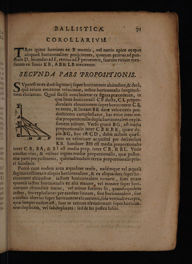 a ————_— BA LLTSDI ON COROLLARIVM Res igitur homines ex B montis , vel turris apice corpus ‘JL aliquod horizontaliter proïjcientes, quorum primus ad pun- ] CRM furam ex lineis KB, À B &amp; LB metientur. SECVNDA PARS PROPOSITIONIS. quà telum emittitur velocitate, iaétus horizontalis longitudi- qua Jinea horizontali C F-duéta, C L perpen- dicularis eleuationem fuperhorizontem CB, vtantea, &amp; lineam BK datæ velocitatis pro- duétricem compleétatur, has enim inter me. diæ proportionalis dupla horizontalem explo. fionem tribuet. Verbi gratià BG, eft media proportionalis inter C B &amp; BK, quare du- PR BG, hoc eft CD , dabit ia@um quæfi- tum ex velocitate acquifitâ per defcenfum cha KB. Similiter BH eft media proportionalis inter C B, BA, &amp; BI eft media prop. inter CB, &amp; BL. Vnde conftat vius, &amp; vtilitas ingensmediæ proportionalis, quæ poftre- mæ parti propofitionis, quémadmodum tertia proportionalis prio- quanto iactus horizonrtalis ex alia maiore , Vel minore fuper hori- zontem aftitudine maior, vel minor futurus fit, quandoquidem iaétus., feu explofiones per eandem lineam, fiue horizontalem . fiue cuiufuis altertus fuper horizontem eleuationis,fola verticaliexcepta, quæ ii eadem eft, funt in ratione eleuationum fuperhorizon- icata, vel fubduplicata : fed de his poftea fufids. | ? S PAR NRC TE | PR ee 3 - RUN us ie S à Du EL - RSR SRE LS M Re TER RE Re