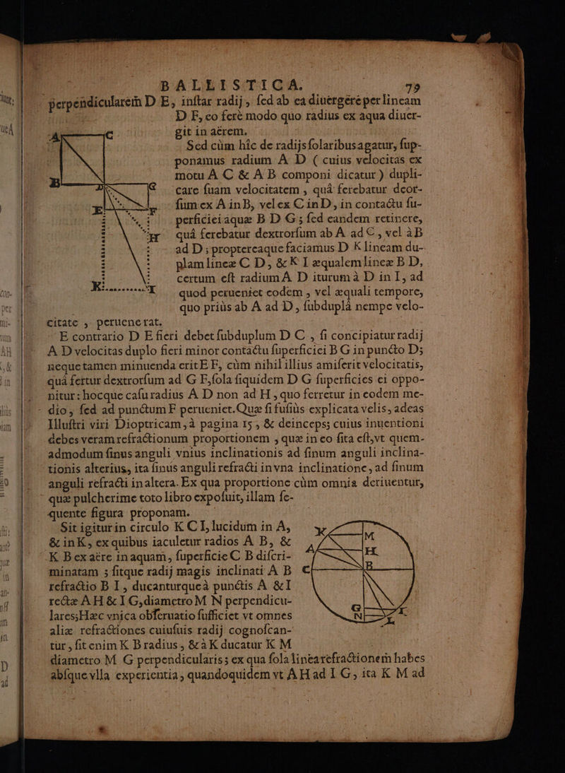 _ perpeñdicularein DE, initar radij, fed ab ea diuérgéréper lincam Fa D F, co ferè modo quo radius ex aqua diuer- ARC git in aërem, | ( | Sed cüm hîc de radijsfolaribusagatur, fup- ponamus radium À D ( cuius velocitas ex motu À € &amp; À B componi dicatur) dupli- &amp; care fuam velocitatem , quâ fercbatur deor- fumex AinB, velex CinD, in contaëäu fu- perficieiaquæ B D G; fed eandem retinere, “er qui fercbatur dextrorfum ab A ad€C, vel àB : — ad D; proptereaque faciamus D K Jineam du- plam lineæ C D, &amp;K I æqualemlinez B D, È certum eft radium À D iturum à D in I, ad “TX quod perueniet codem , vel æquali tempore, quo pris ab A ad D, fubduplä nempe velo- as 4584880 BEBSAadREALR:.. \ eus ui. 4] citate , peruenerat. un M - E contrario D E fieri debet fubduplum D C , fi concipiaturradi; 18 A D velocitas duplo fieri minor contaétu fuperficiei B G in punéto D; &amp; nequetamen minuenda critEF, cûm nihilillius amiferit velocitatis, in | qu fertur dextrorfum ad G F,fola fiquidem D G fuperficies ei oppo- pitur : hocque cafuradius À D non ad H , quo ferretur in codem me- lis AM - dio, fed ad pun@umE perueniet.Qu fifufiès explicata velis, adeas an A9 Hlluftri vixi Dioptricam,à pagina 15, &amp; deincepss cuius inuentioni debes veramrefrationum proportionem ; quæ in eo fita eft,vt quem- . UN admodumfinus anguli vnius inclinationis ad finum anguli inclina- 1 vionis alerius, ita finus angulirefra@i invna inclinatione, ad finum 0 {M anguli refra@i inaltera. Ex qua proportione cüm omnia deriuentur, = [0 - quæ pulcherime toto libro expoluit, illam fc- | _quente figura proponam. fi Sitigiturin circulo K CE, lucidum in À, CT sm | &amp;inkK, ex quibus iaculetur radios À B, &amp; V/NX | !.K Bex aëre inaquam, fuperficieC B difcri- minatam ; fitque radij magis inclinati À B € . | refractio B I, ducanturqueà punétis À &amp;T 4 AL rettæ AH &amp; I G,diametro M N perpendicu- | JaressHæc vnica obferuatio fufficiet vtomnes | alix refraétioncs cuiufuis radij cognofcan- | tur.fitenimK Bradius, &amp;àK ducatur K M Tee D | diametro M G perpendicularis ex qua fola linearefrationerh habes ablquevila experientia, quandoquidem vt A H ad 1 G, ita K M ad LE LT XL *
