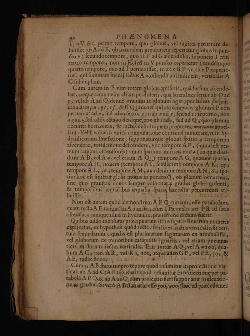 1e T, » V, &c. primo tempore, quo globus , vel fagitta peruenire de- buffet ab À ad E, ob uaturalem grauitatenyréperietur 8 lobus in pun- tertio tempore , noñ in H, {ed in V punéto reperietur; tandemque quarto tempore, quo ad I perueniffet ,inaxis RP vertice P reperie- eur, qui fummam medij iadus A #,oftendit altitudinem verticalis A C fubduplam, Cut ; | Cüm autem in P vim totam globus amiferit, qua furfim afcende- lium À Gsuroo. AR, vel'Rx, 100, atquéadeo GF , vel FE, 50; & À Bi:radixn8oomiig 312 cri: EN OR Re ne à Cümq; AB ftatuitur pro tépore quod infumitur inproie@ione ver- rabOÏ À P Q,& ab À adQ, dm proicctio fier fupponatur in eleuatio- nc #5 graduû,Siverd À Bfttiatureflez06; #00; (hoceftpræcedentes sd Dames de —