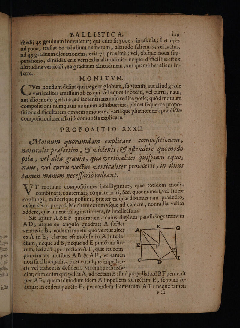 I1407 Exem- f; que ri | aus | | | !' Fo) sedij 45 graduum inuenietur; qui chm fit 5000 , 1n tabula; fivt 1402 ad so0v, ita fiat 20 ad alium numerum ; alcitudo falientis, vel ia@us, ad 45 graduumeleuationem ,erit 71; proxime ; vel, abfque noua fup- altitudine vertical ,22 graduum altitudinem , aut quamlibet aliam in- + 1 te :MONITVM. | Vr nondum defnt qui negent globum, fagittarh, autaliud graue aut älio modo geftatur,ad iacientismanum redire pofle; quod motuum compofitionineceffario coniunéta explicare. PROPOSITIO XXXII. 4 4 nan, vel curru vectus werticaliter proiecerit ; in llius A7: motuum compofitionés intelligantur, quæ totidem modis V combinari, conternari, coquaternari, &amp;cC. quot numcri, vel lineæ <ohiungi, mifcerique poflunt, præter ea quæ diximus tam præludio, quàm 222. propol. Mechaänicorum vfque ad calcem, nonnulla velim addere, qüæ iuuent imaginationem, &amp;intellectum. Sitigitur ABEF quadratum, cuius duplum parallclogrammum AD; atque ex angulo quadrati À fufflet ; ventusin B , codemimpetu quo ventus alter : cxAinE, clarum eft mobile in A intelle- “€tum ; néque ad B , neque ad E punéturh itu- rum, fed adF, per retam À F, quæ ita Com- ponetur ex motibus AB &amp; AE, vt camen nonfirilli æqualis, licet vtriufque impellen- itis vel trahentis defiderio vtcumque fatisfa- ia | ciatscèmenim qui pellit À, ad rectam B illud propellat,ad BF peruenit per A F; quemadmodumidem À impellens adrectam E, fcopum at- tinpitincodem punto F, pereandem diametrum À F : neque tamen | e 11