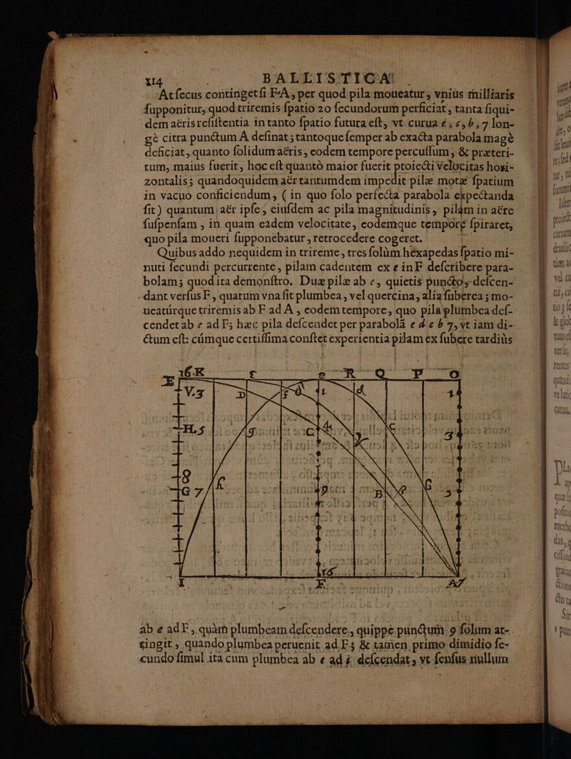 Atfecus contingetfi F‘À, per quod pila moueatur, vniüs rhilliaris fupponitur, quodtriremis fpatio 20 fecundorum perficiat;, tanta fiqui- dem aërisrefftentia in tanto fpatio futura eft, vt curuaé;c,b,7lon- “M | , gè citra punétum À definat ; tantoque femper ab exacta parabola magé deficiat, quanto folidumaëris, eodem temporepercuflum, &amp; præteri- M” um, maius fuerit, hoc et quantd maior fuerit proiecti Vvelocitas honi- M” . zontalis; quandoquidem aër tantumdem impedit pile motæ fpatium M7. in vacuo conficiendum, ( in quo folo perfecta parabola expetanda (MN fit) quantum aër iple, ciufdem ac pila magnitudinis, pildmin aëre ‘MN fufpenfam , in quam eadem velocitate, codemque temporé fpiraret, M quo pila moueri fupponebatur , retrocedere cogerct. î _ Lo Quibus addo nequidem in trireme, tres folhm héxapedas fpatio mi- 9 nuti fecundi percurrente, pilam cadentem exeinEF defcriberepara- M 1° bolam; quodita demonftro. Duæ pilæ ab +, quietis punto; defcen- .” dant verfus F, quarum vna fit plumbea, vel quercina, alia fuberca ; mo- ueaturquetriremis ab F ad À , coder tempore, quo pila plümbea def- cendet ab # ad F; hæc pila defcendet per parabolä e de b +, vt iam di- étum eft: cûmque certiflima conftet experientia pilam ex fubere tardits Q PP 70 ab e adF, quàm plumbearn defcendere., quippe puin@tui 9 folum at- Lo gingit, quando plumbea peruenit ad,F3 &amp; tamen primo dimidio fc- | cundo fimul ita cum plumbea ab e ad defcendat , ve fenfus nullum
