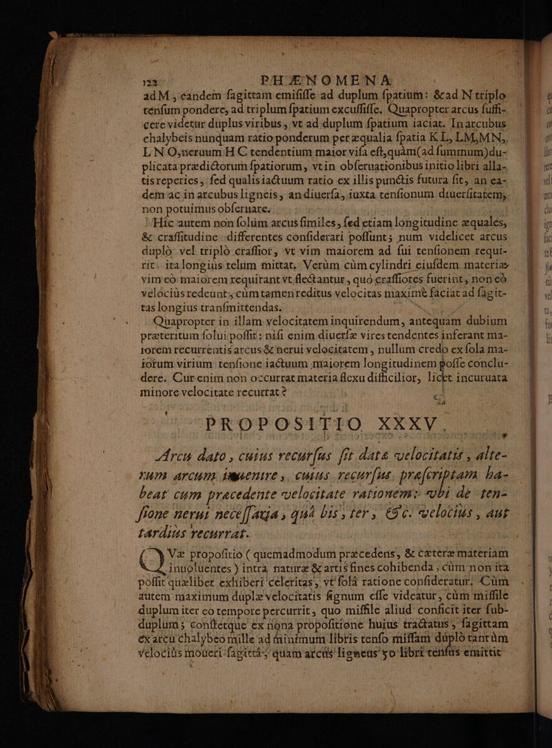 adM , candein fagittam emififle ad duplum fpatium: &amp;ad N'triplo ténfum pondere, ad triplum fpatium excuffifle. Quapropter arcus fuff- cere videtur duplus viribus, vt ad 'duplum fpatium iaciat. In arcubus chalybeïs nunduam ratio ponderum per æqualia fpatia KL, LM,MN, L N'O,neruum:H C tendentium maior vifa eft,quam(ad fummum)du- plicata prædiétorumfpatiorum, vtin obferuationibus initio libri alla- tisreperics, fed qualisiaétuum ratio ex illis punétis futura fit, an ea- dem ac in arcubus ligneis, andiuerfa, iuxta tenfionum diuerfitatem, non potuimus obferuare. * L'Hic autem non folim arcus fimiles, fed etiam longitudine æquales, &amp; craflitudine differentes confiderari poflunts num videlicet arcus duplà vel triplo craffior, vt vim maiorem ad fui tenfionem requi- rit, italongius telim mittat. Verüm cüm cylindri eiufdem materiæ vinreù maiorem requirant vtflectantur., quo crafliores fucrint, non cô vélôcièsredeunt:-cûmtemenreditus velocitas maxime faciat ad fagit- tas longius tranfmittendas. Lit ns We Quapropter in illam velocitatem inquirendum, antequam dubium præteritum foluipoffit: nifi enim diuerfæ vires tendentes inferant ma- 1orem recurrentis arcus&amp;c'herui velocitatem , nullum credo ex fola ma- ofum virium tenfione iaétuum .maiorem longitudinem polie conclu- dere. Curenim non occurratmateriaflexu difhcilior, licet incuruata minore velocitate recurrat? | : | 4 À PROPOSITIO XXXV. Arcw dato, cuius recurfus fit data velocitatis, alte- UM ArCHUE Smsenire ;, Chins, recurfus: praféribtarn haz bear cum precedente velocitate rationem: «vbi de -ten- 4 8 j CT A LA “++! 4 ce fione nerus necéÎlatia ; qui bis, ter, 65e: welotius, aut ON } tardins recurrat. | 9 Væ propofitio ( quemadmodum précedens, &amp; Cæteræ materiam 4, inuoluentes } intra naturæ &amp; artis fines cohibenda ; cùm nonita poflit quælibet exhiberi céleritas, vt fol ratione confideratur: Cüm dutem maximum duplæ velocitatis fgnum cie vidcatur, cùm miffle duplum iter co tempore percurrit, quo miffile aliud' conficit iter fub- duplum; conftétque ex nona propofitione huius traétatuss fagittam ex arcu Chalybeo mille ad minimum libtis tenfo miffam duplô tanrûm velocits mouert fagieté, quam arcus lisaeus ÿo Hibrt tenfus emaittit | à